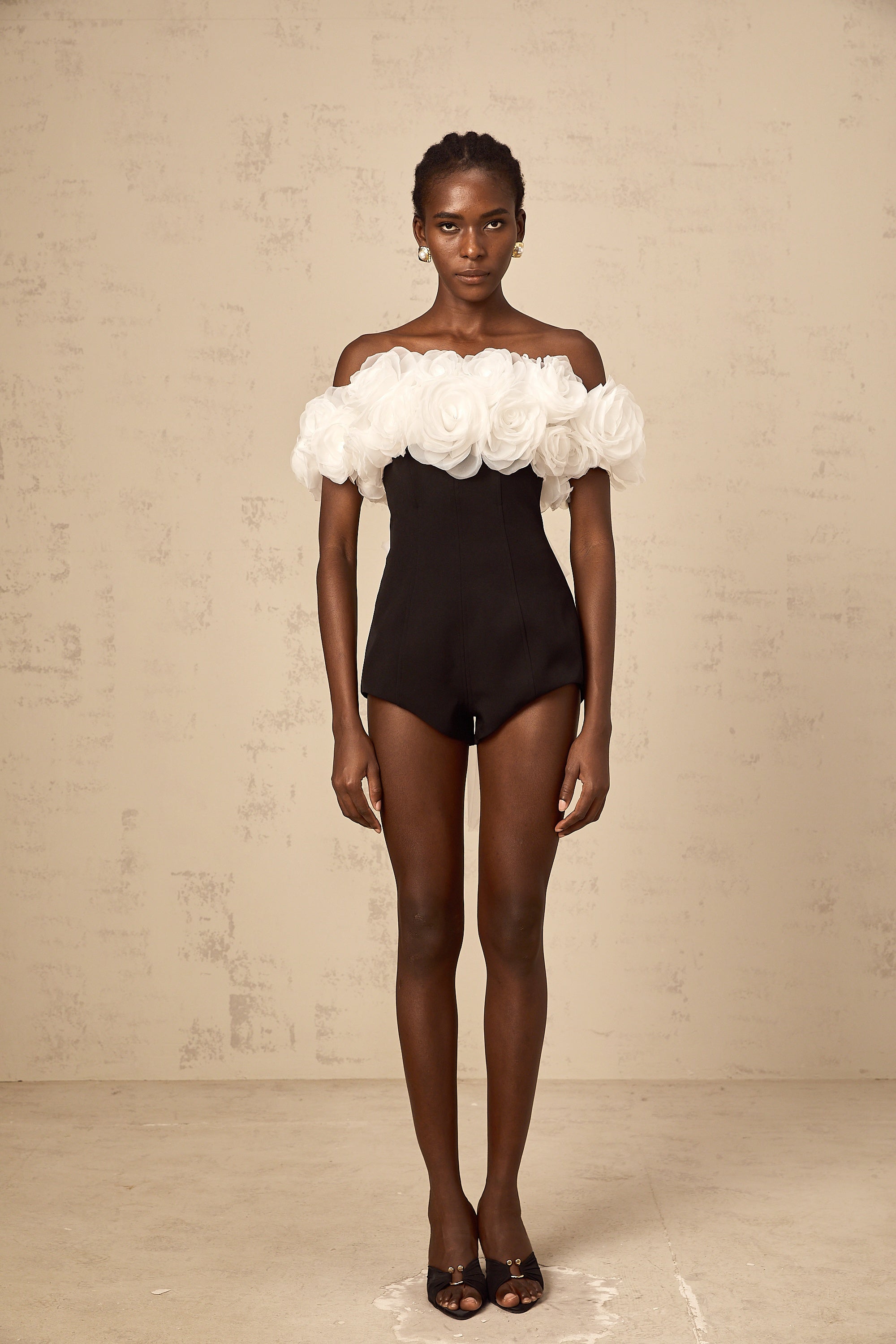Yseut black 3d-petal off-shoulder playsuit