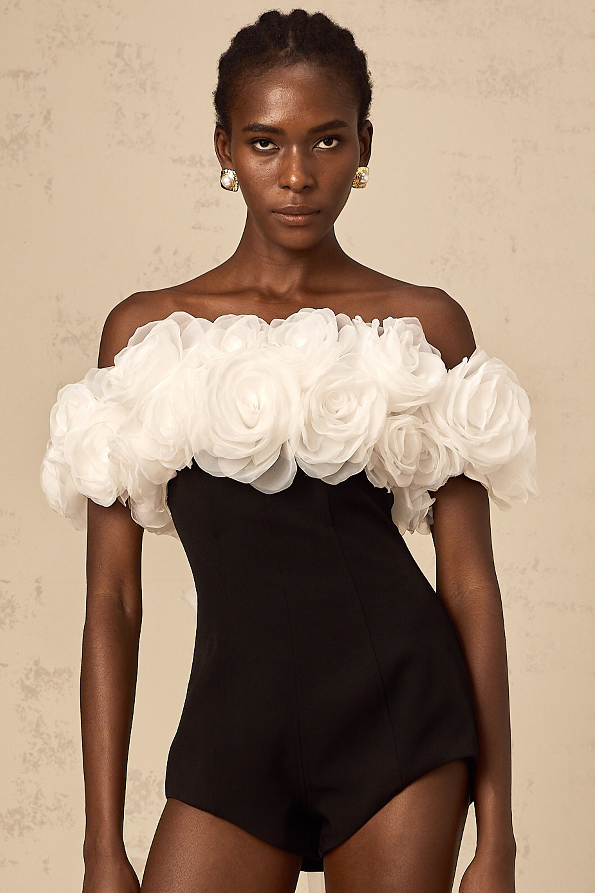 Yseut black 3d-petal off-shoulder playsuit