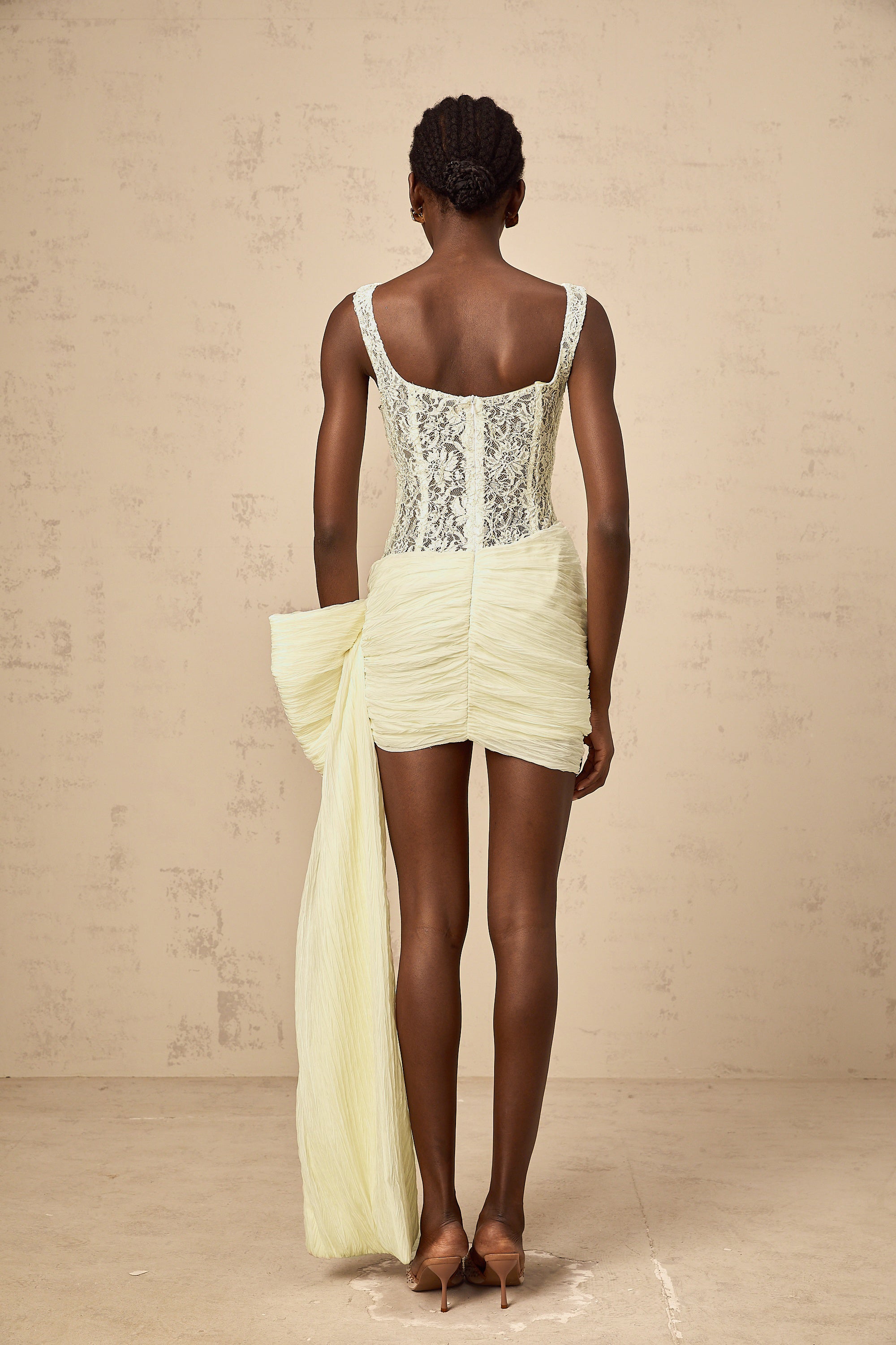 Gabrielle neutrals bowknot floral-lace-penal mini dress