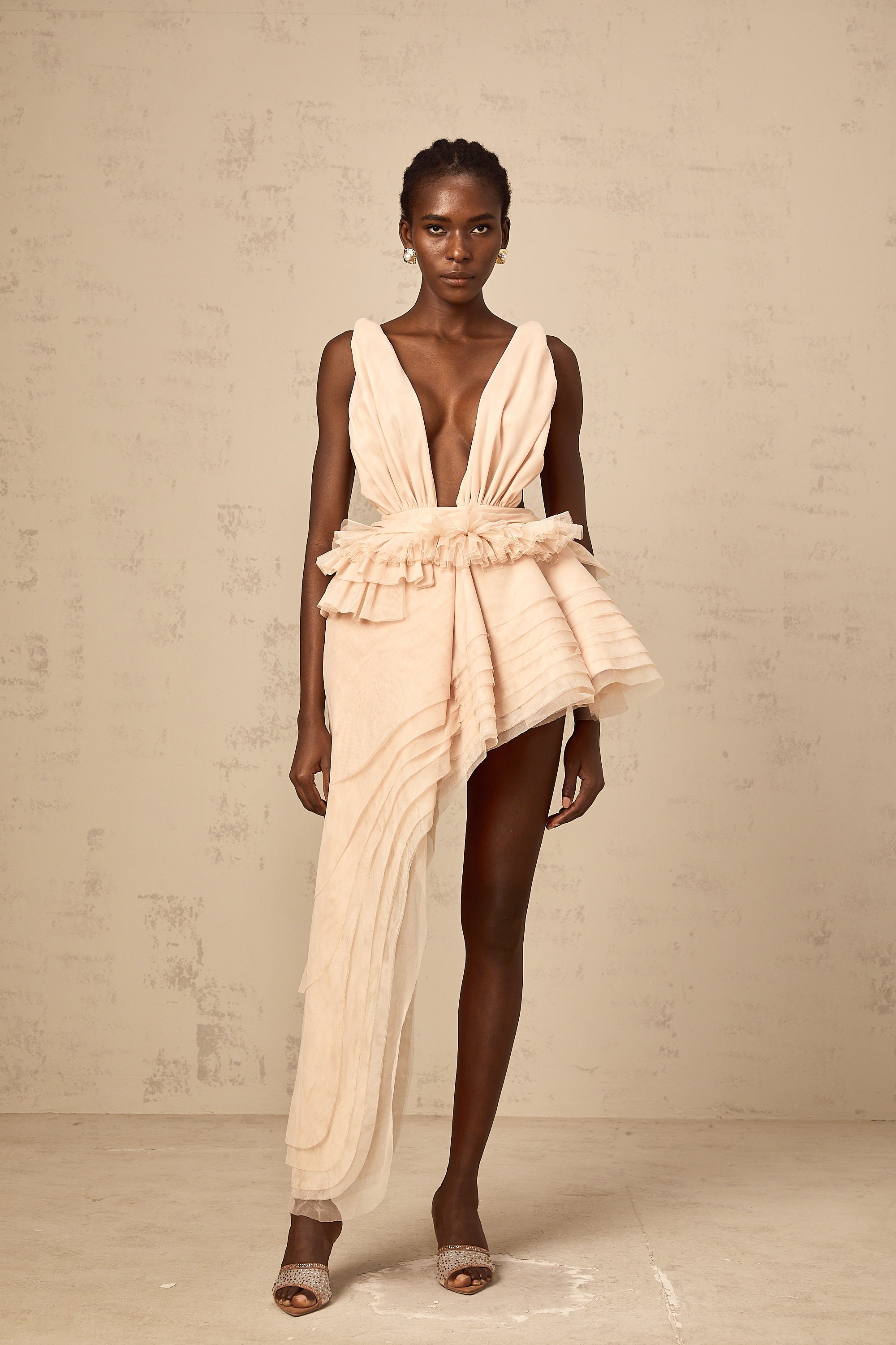 Isoline ribbon-design asymmetrical mini dress in Neutrals (Final Sale)