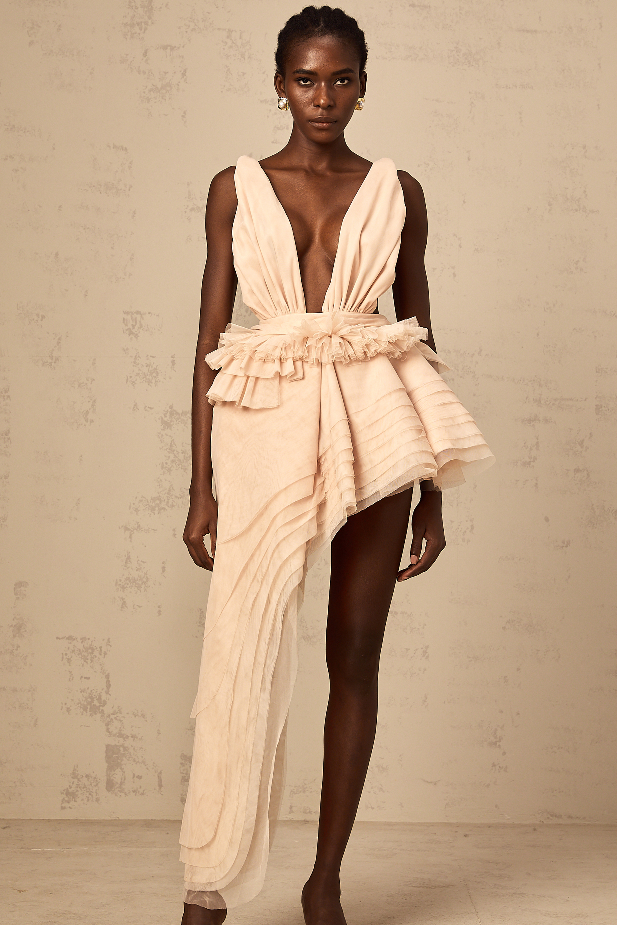 Isoline ribbon-design asymmetrical mini dress in Neutrals (Final Sale)