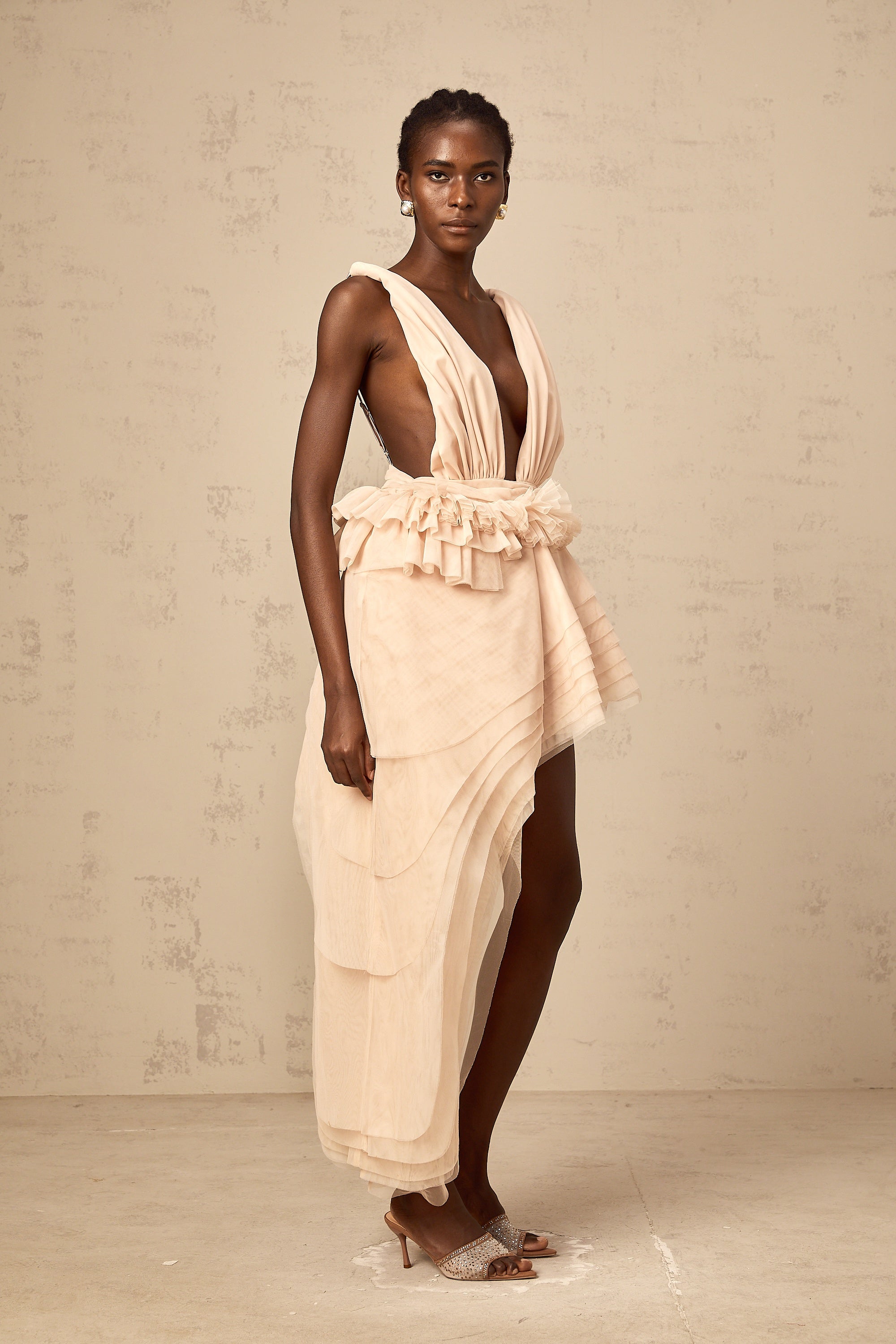 Isoline ribbon-design asymmetrical mini dress in Neutrals (Final Sale)