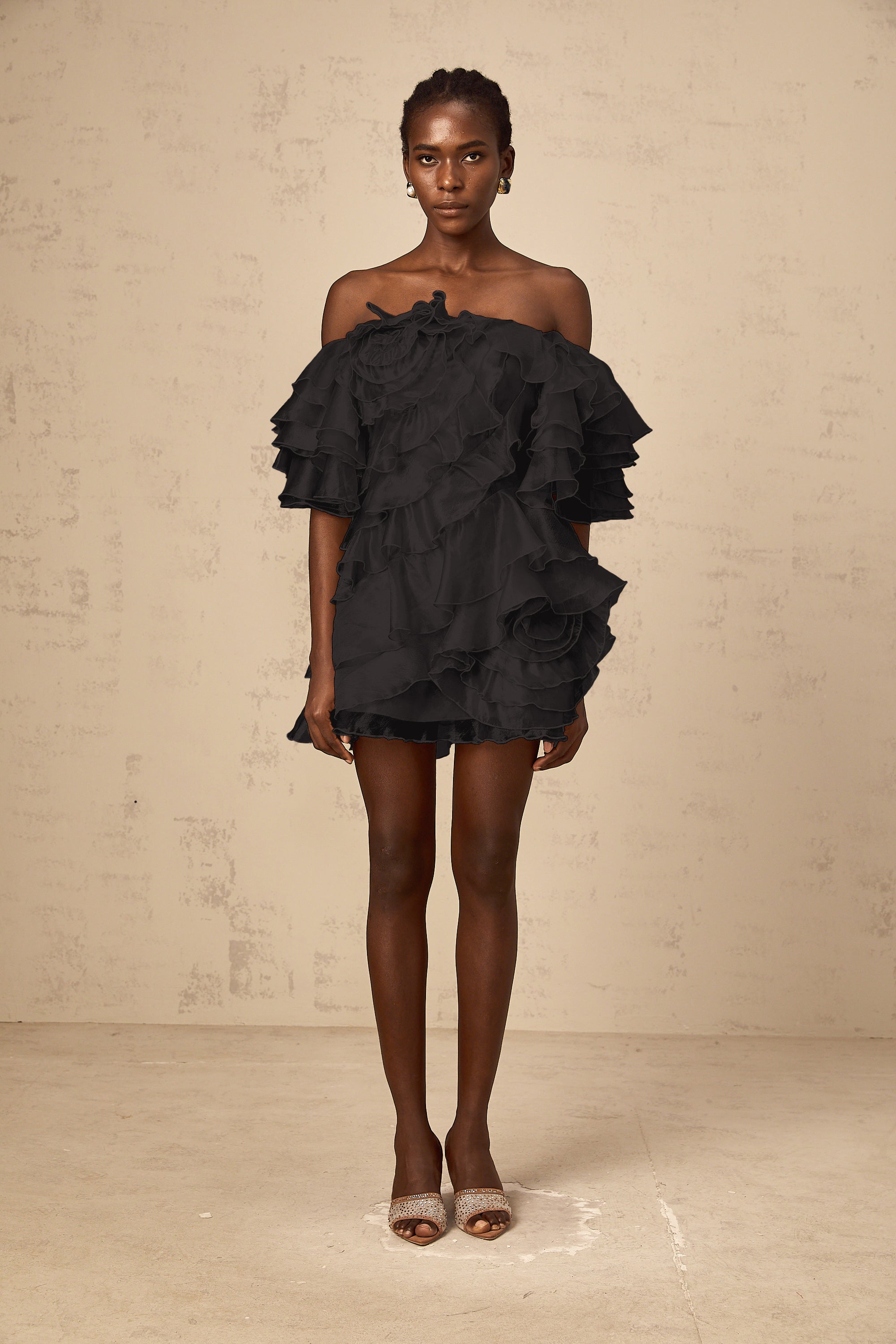 Cerise asymmetrical flounce mini dress in Black
