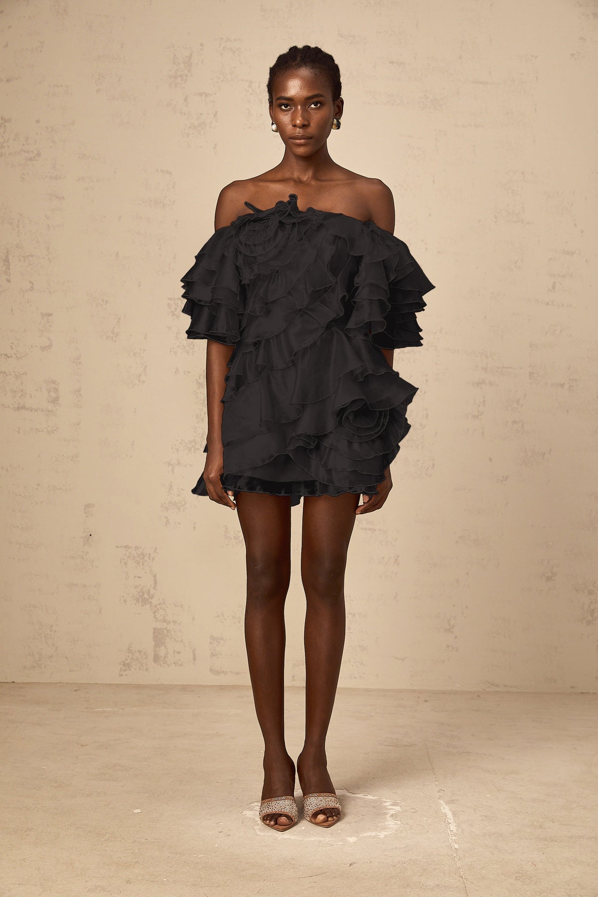 Cerise asymmetrical flounce mini dress in Black (Final Sale-US Only)