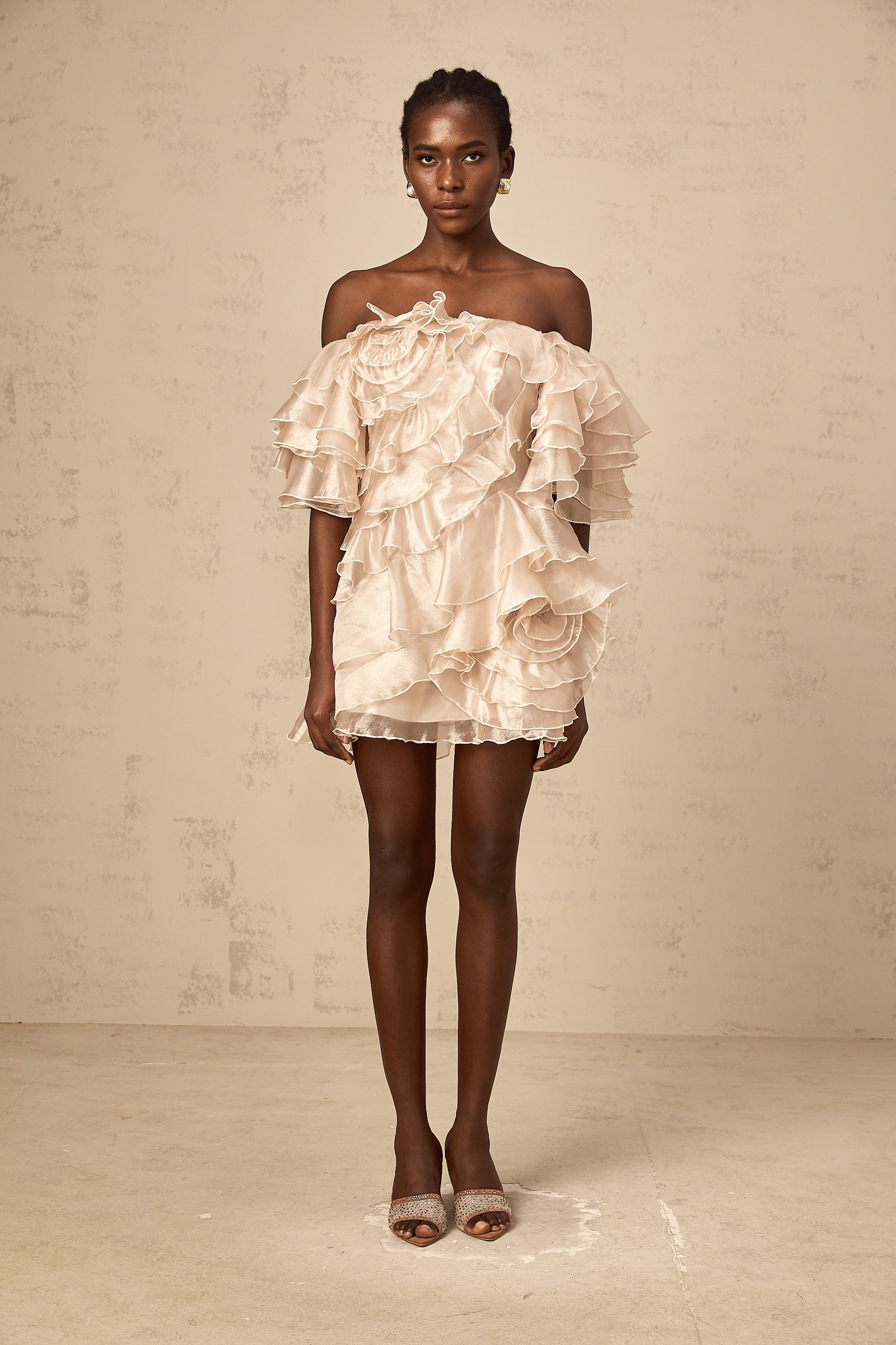 Cerise asymmetrical flounce mini dress in Neutrals