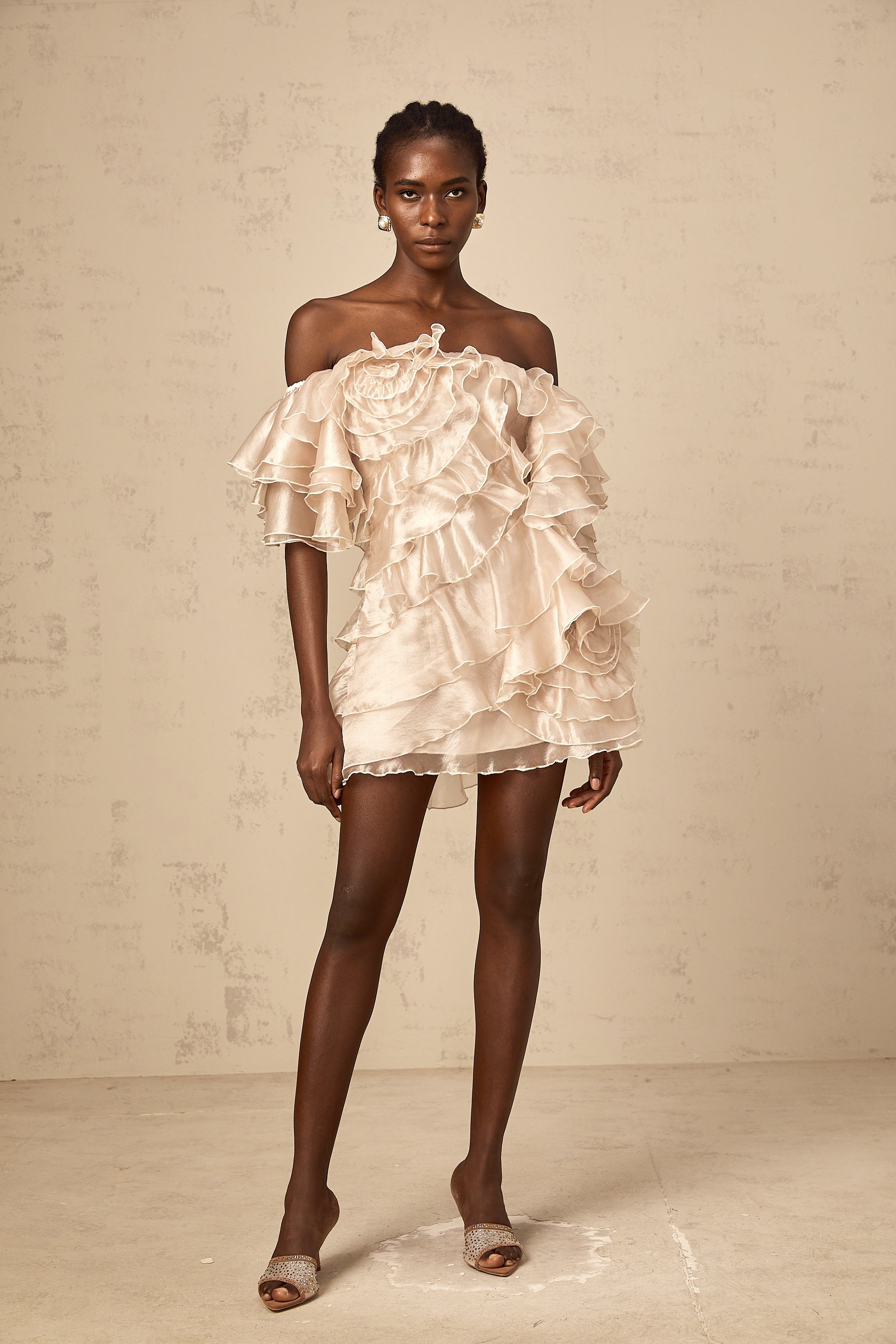 Cerise asymmetrical flounce mini dress in Neutrals
