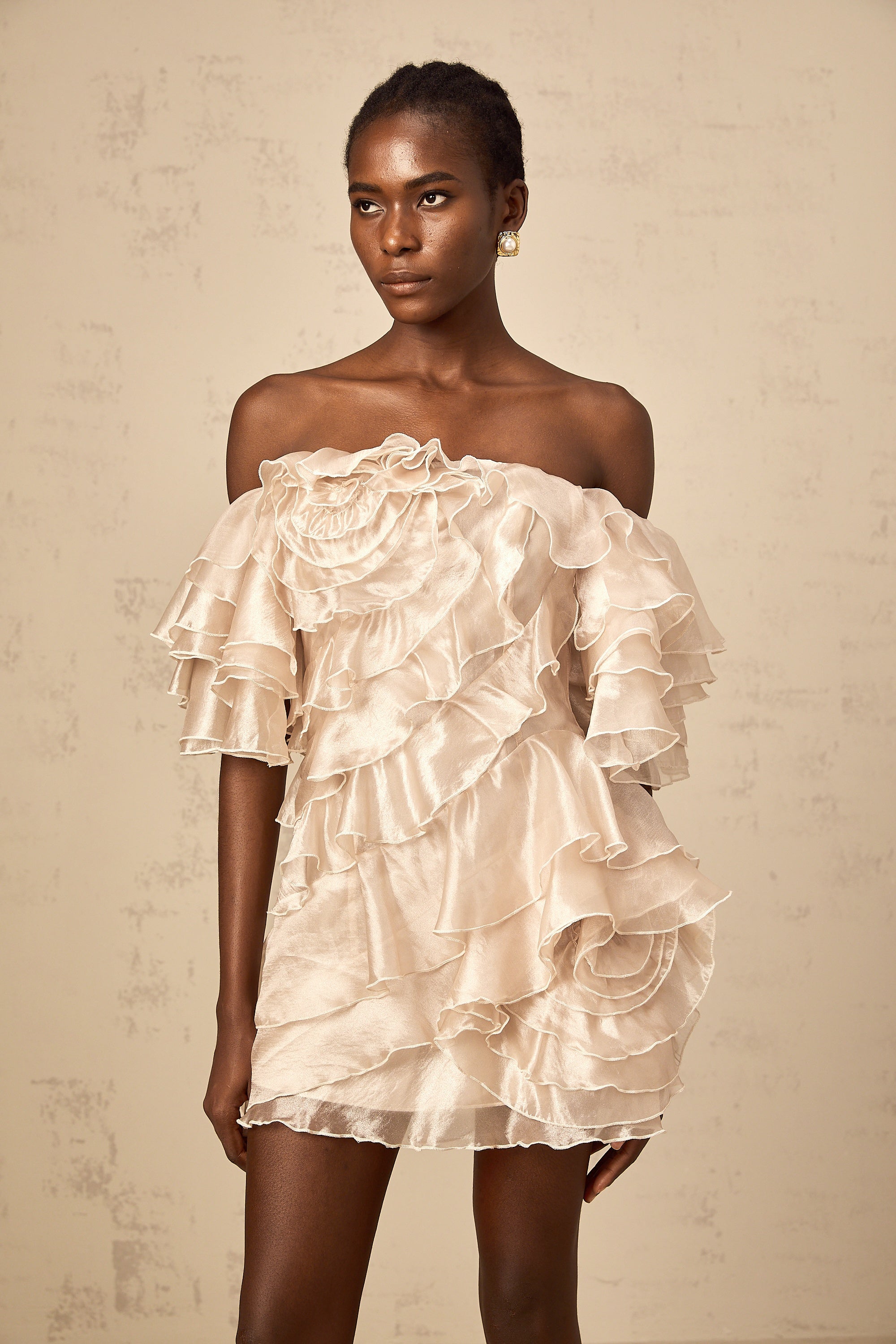 Cerise asymmetrical flounce mini dress in Neutrals