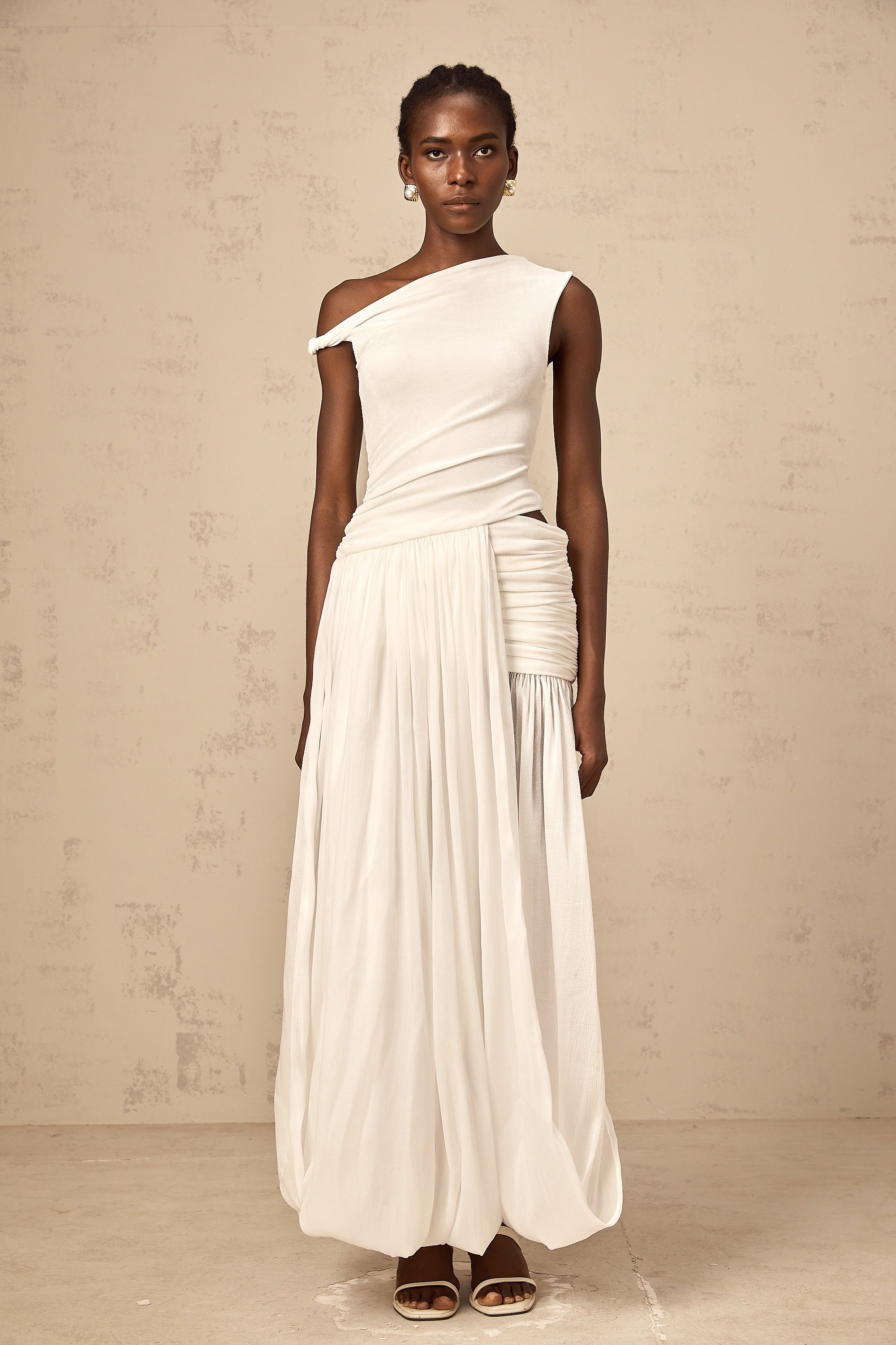 Eugenie mono-shoulder shirred-panel maxi dress in White