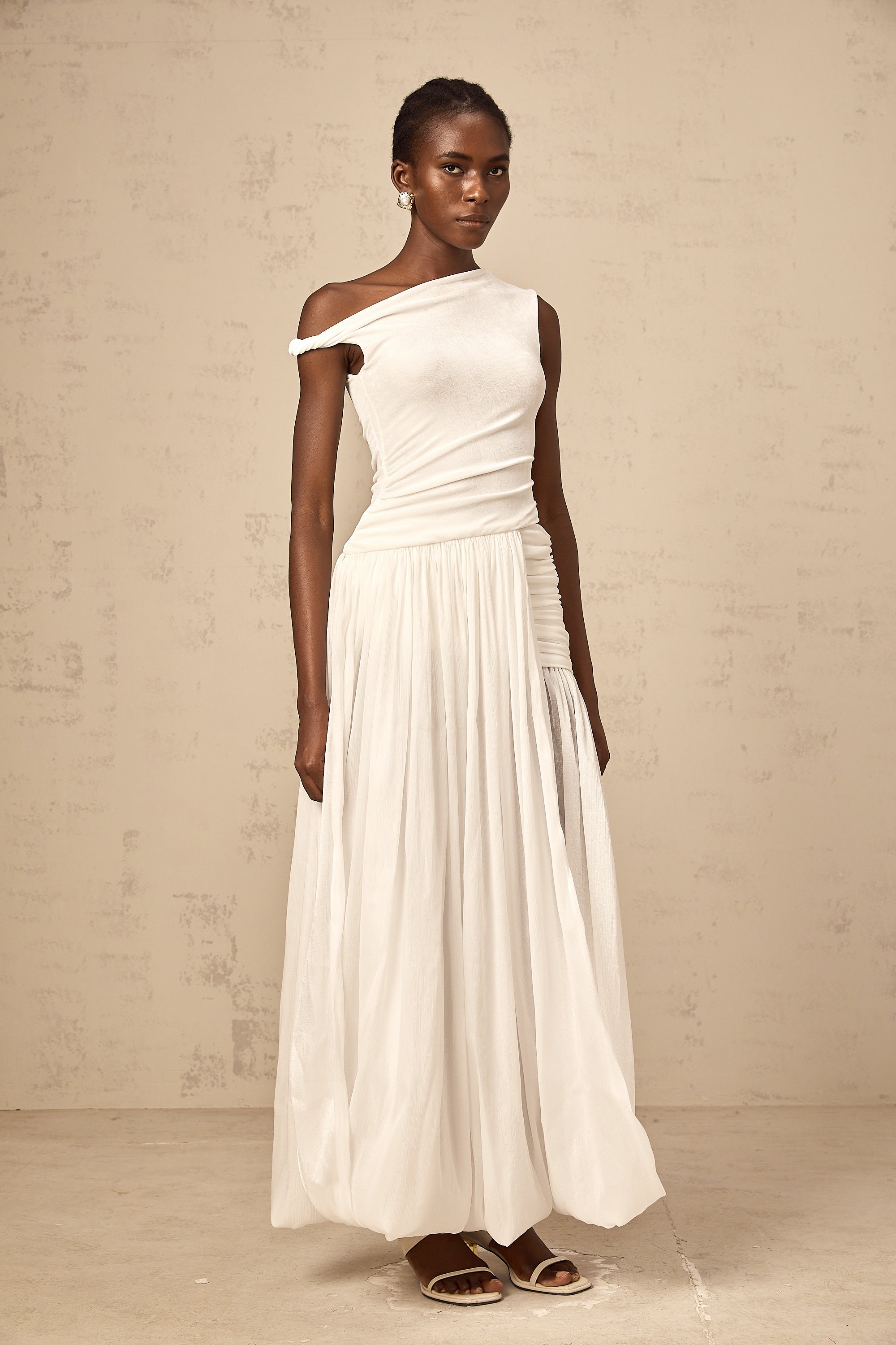 Eugenie mono-shoulder shirred-panel maxi dress in White