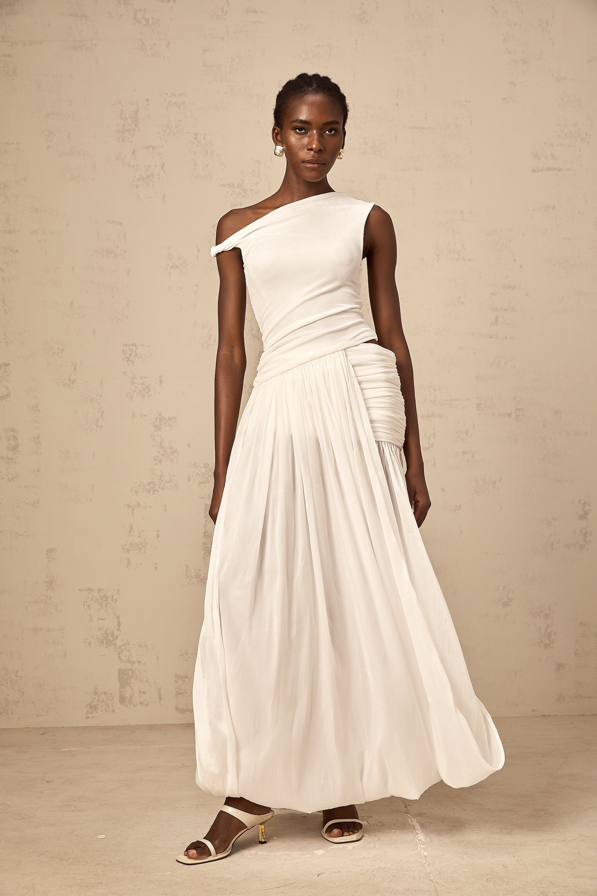 Eugenie mono-shoulder shirred-panel maxi dress in White