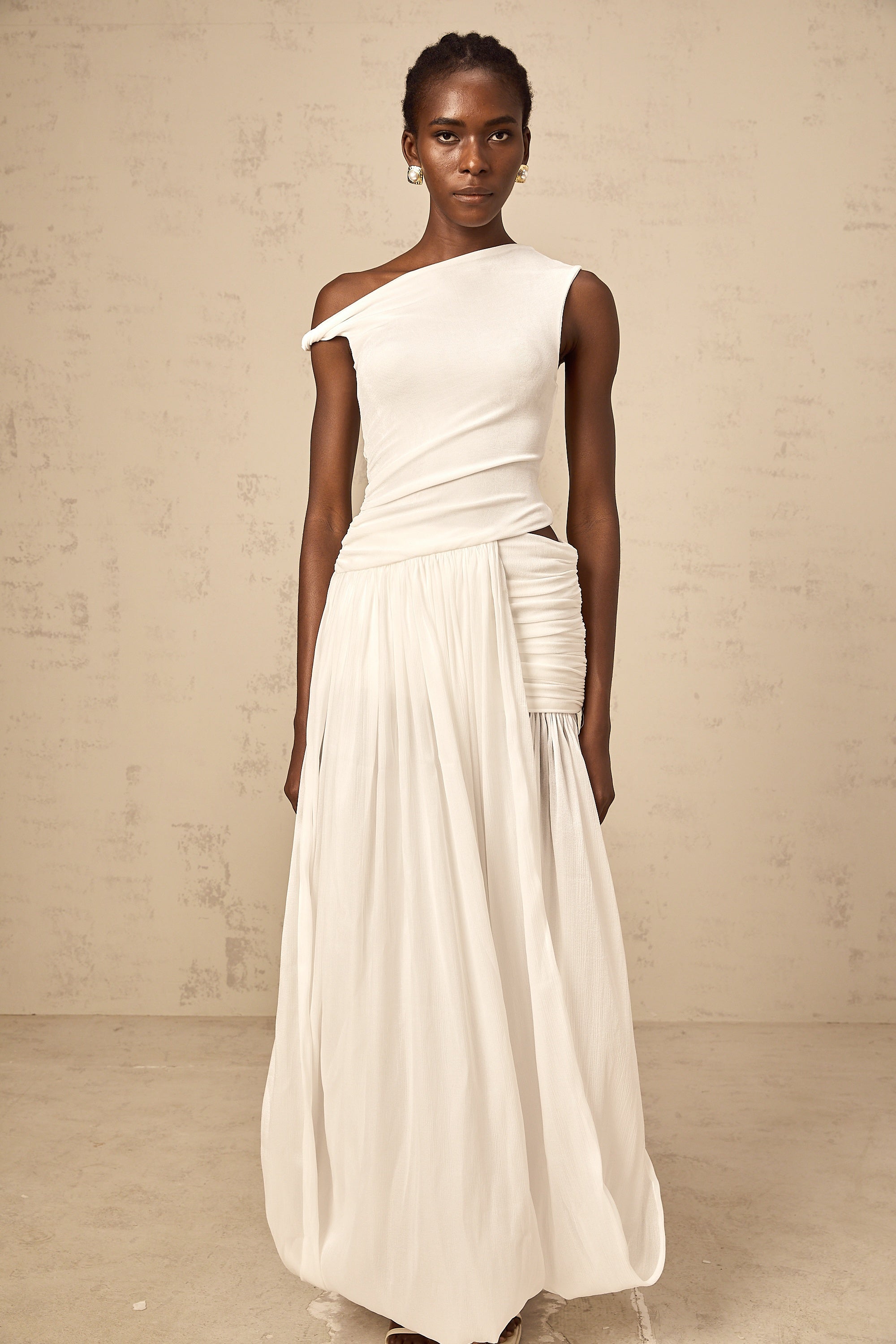 Eugenie mono-shoulder shirred-panel maxi dress in White