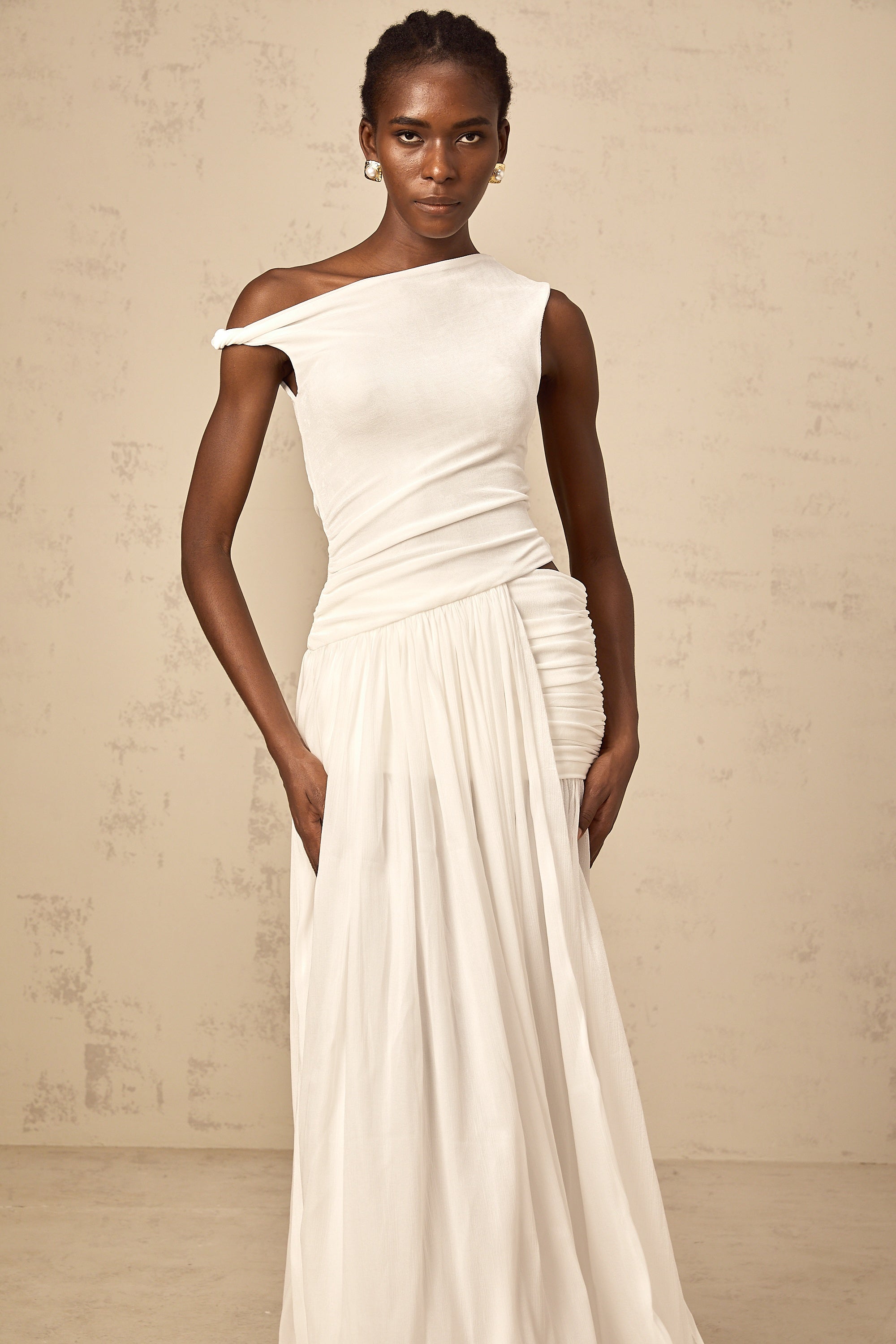 Eugenie mono-shoulder shirred-panel maxi dress in White