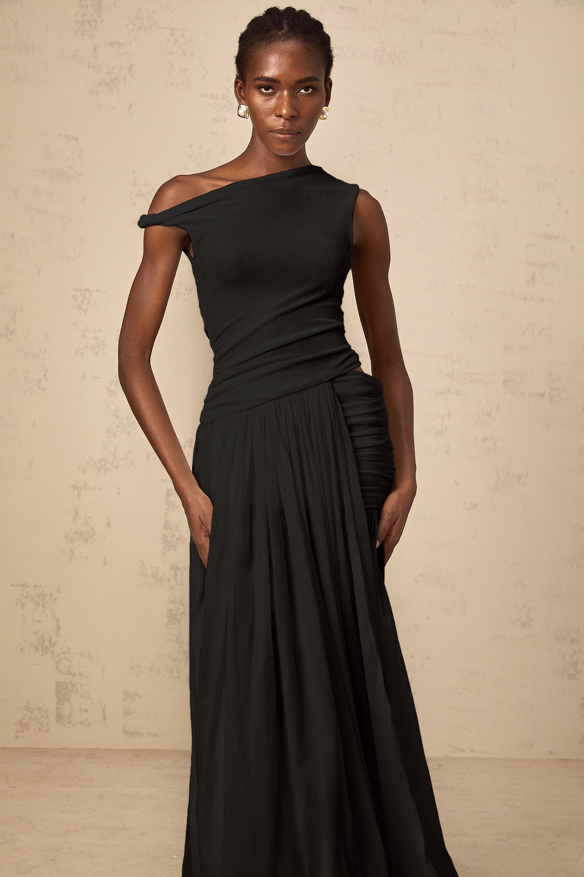 Eugenie mono-shoulder shirred-panel maxi dress in Black