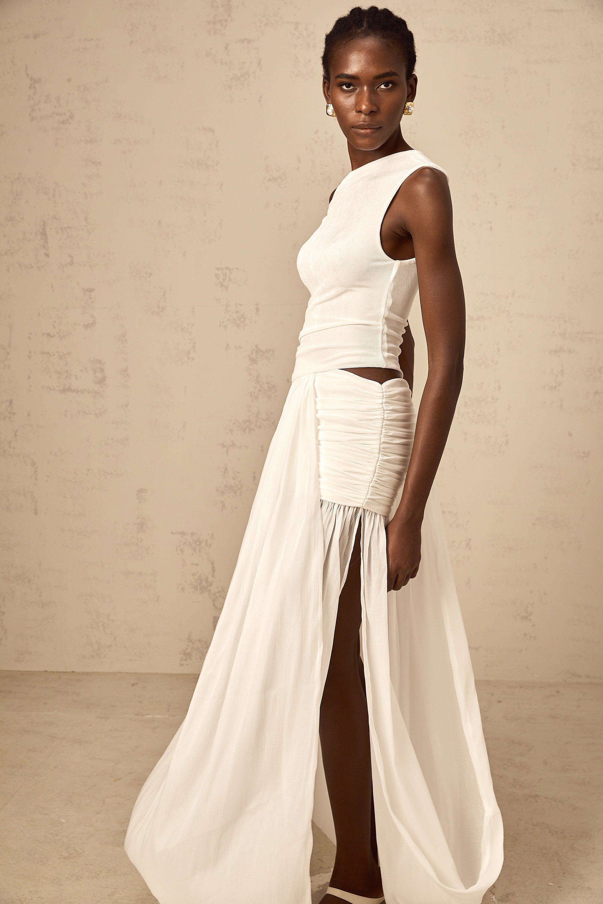 Eugenie mono-shoulder shirred-panel maxi dress in White
