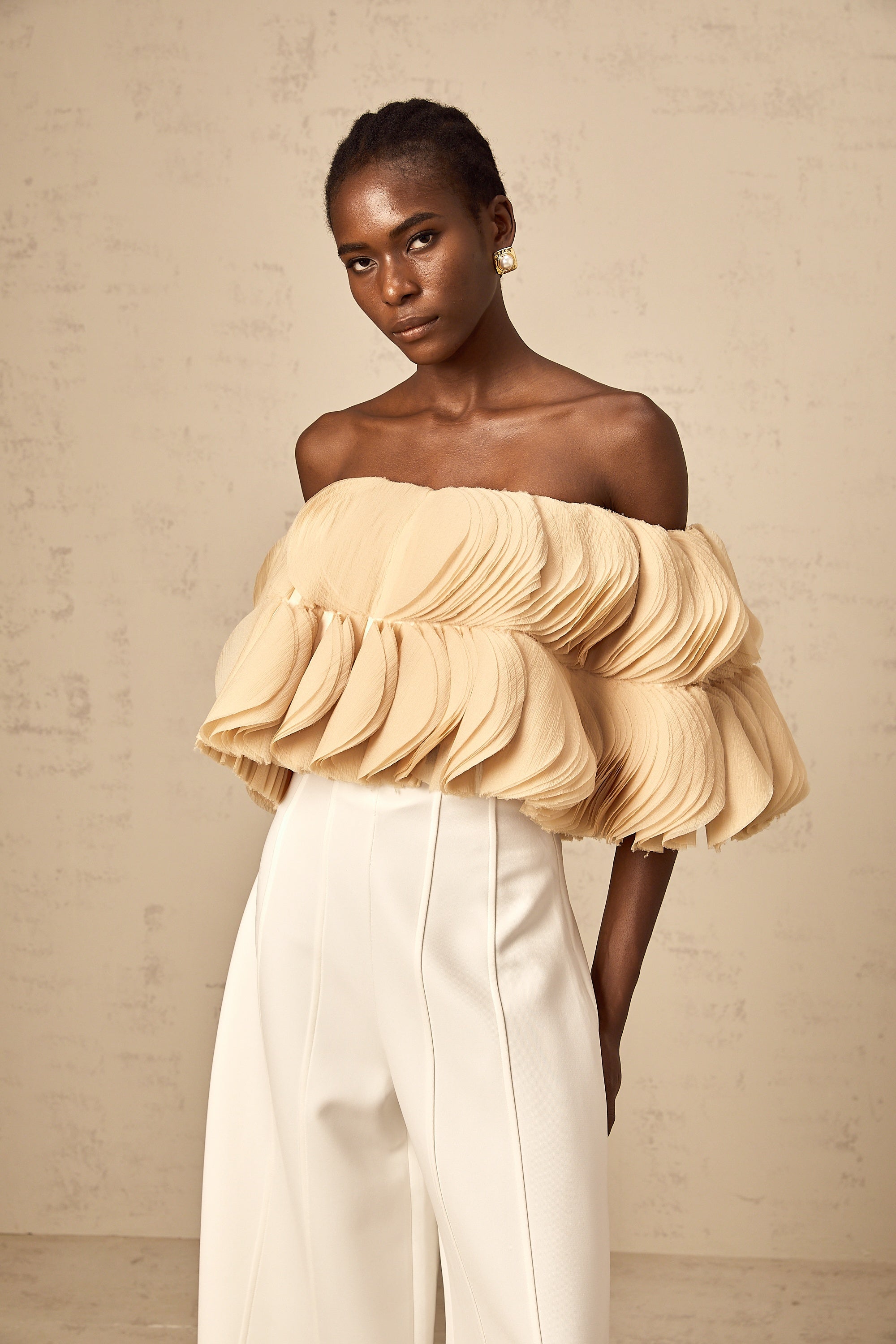 Elise neutrals off-shoulder shirred cropped top (Final Sale-US Only)