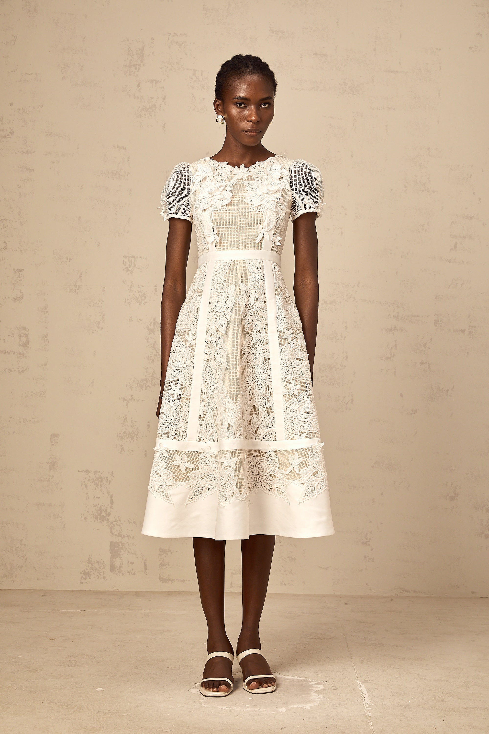 Clémence white flower-embroidered midi dress
