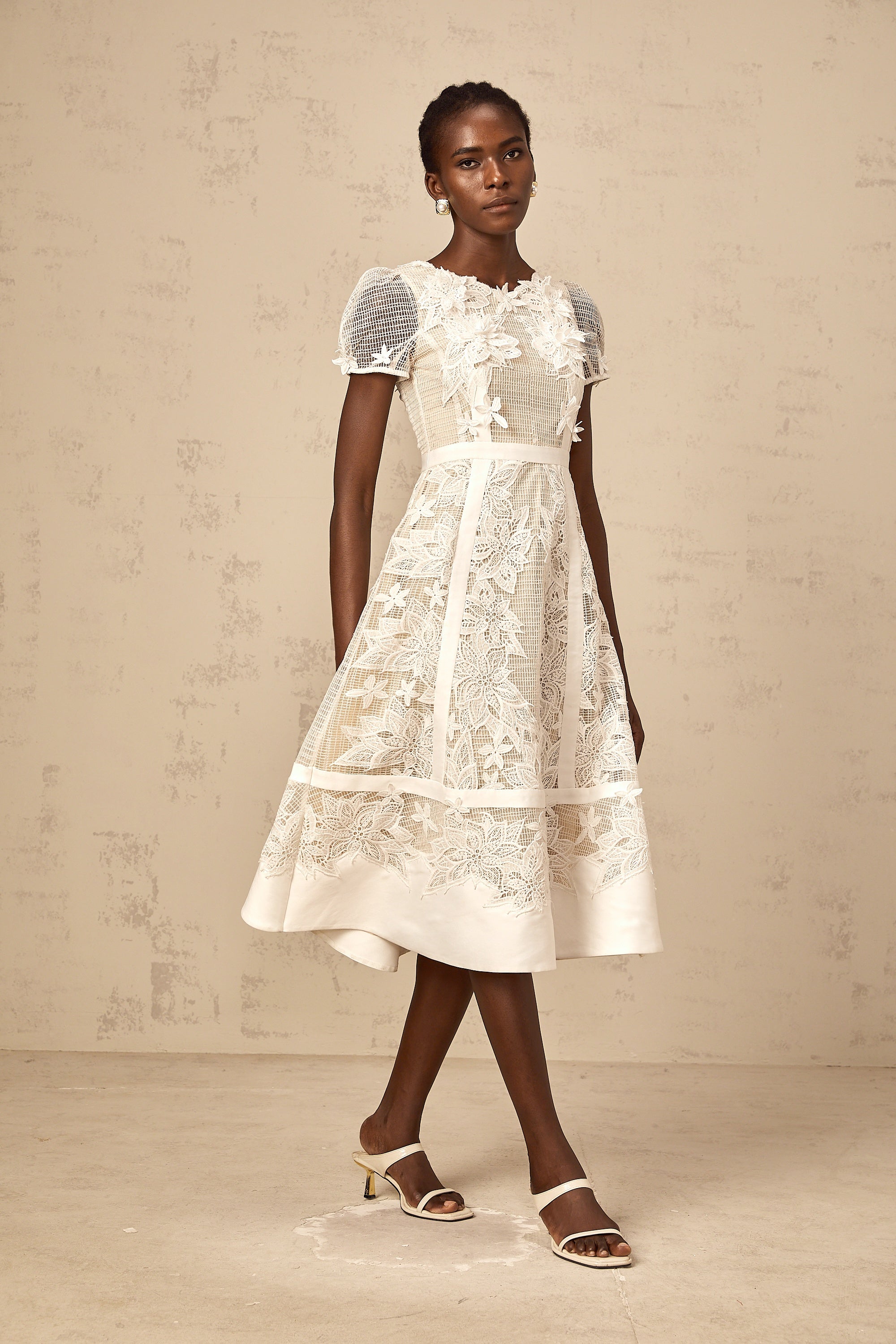 Clémence white flower-embroidered midi dress