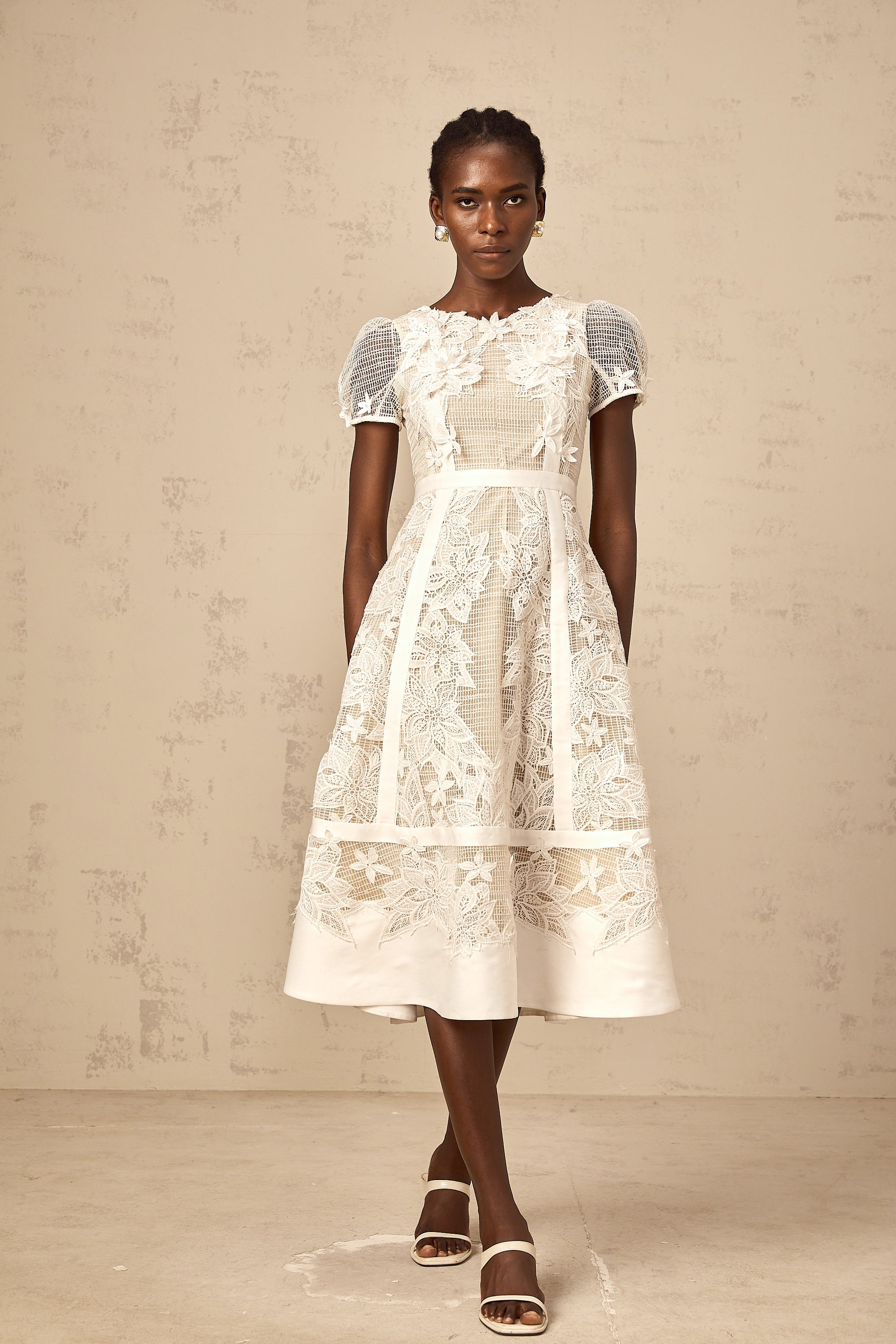 Clémence white flower-embroidered midi dress