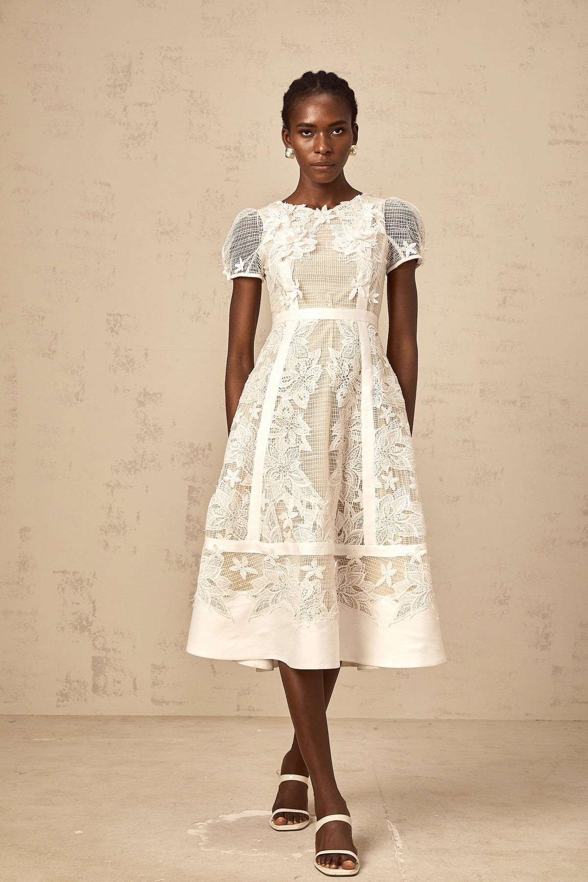 Clémence white flower-embroidered midi dress
