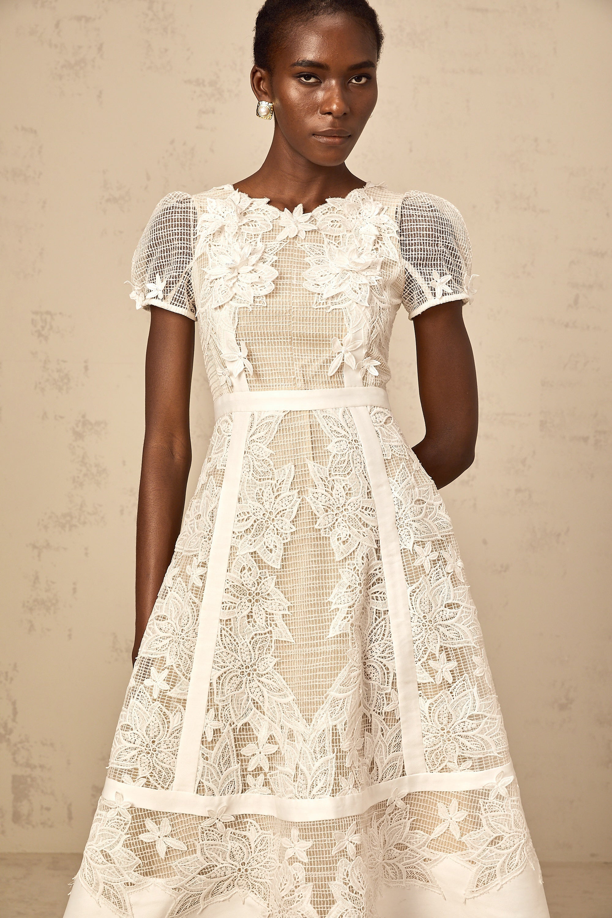 Clémence white flower-embroidered midi dress