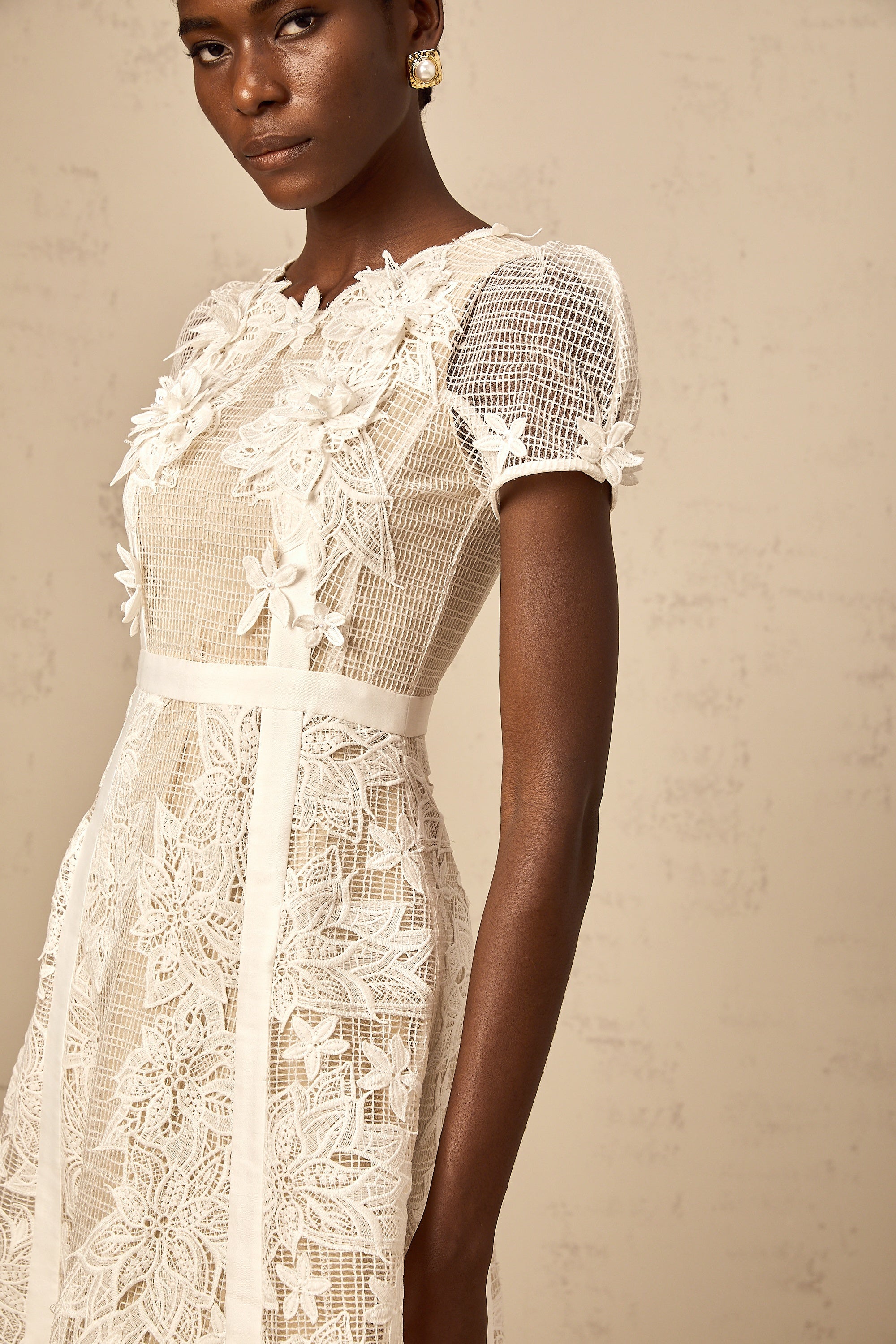 Clémence white flower-embroidered midi dress