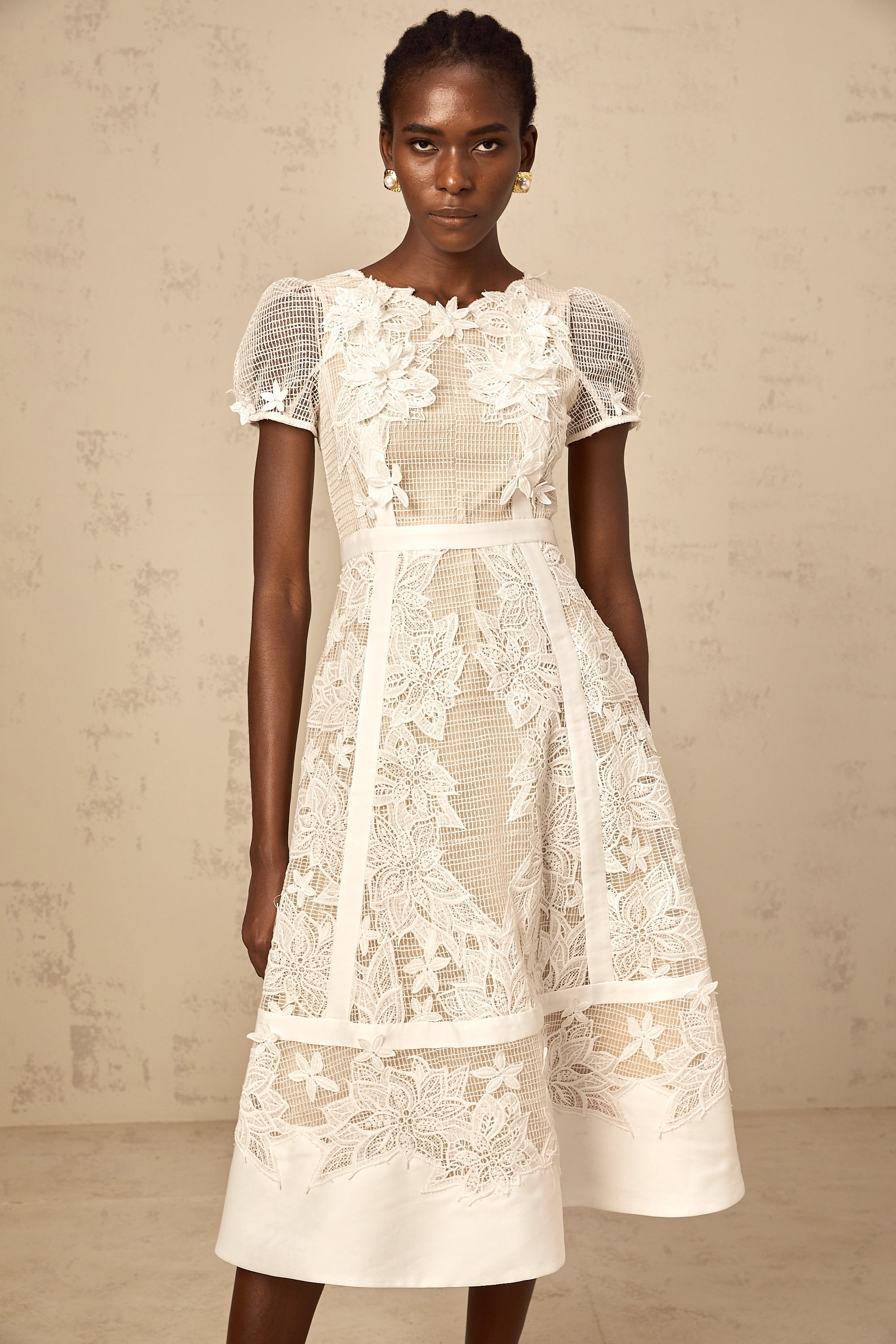 Clémence white flower-embroidered midi dress