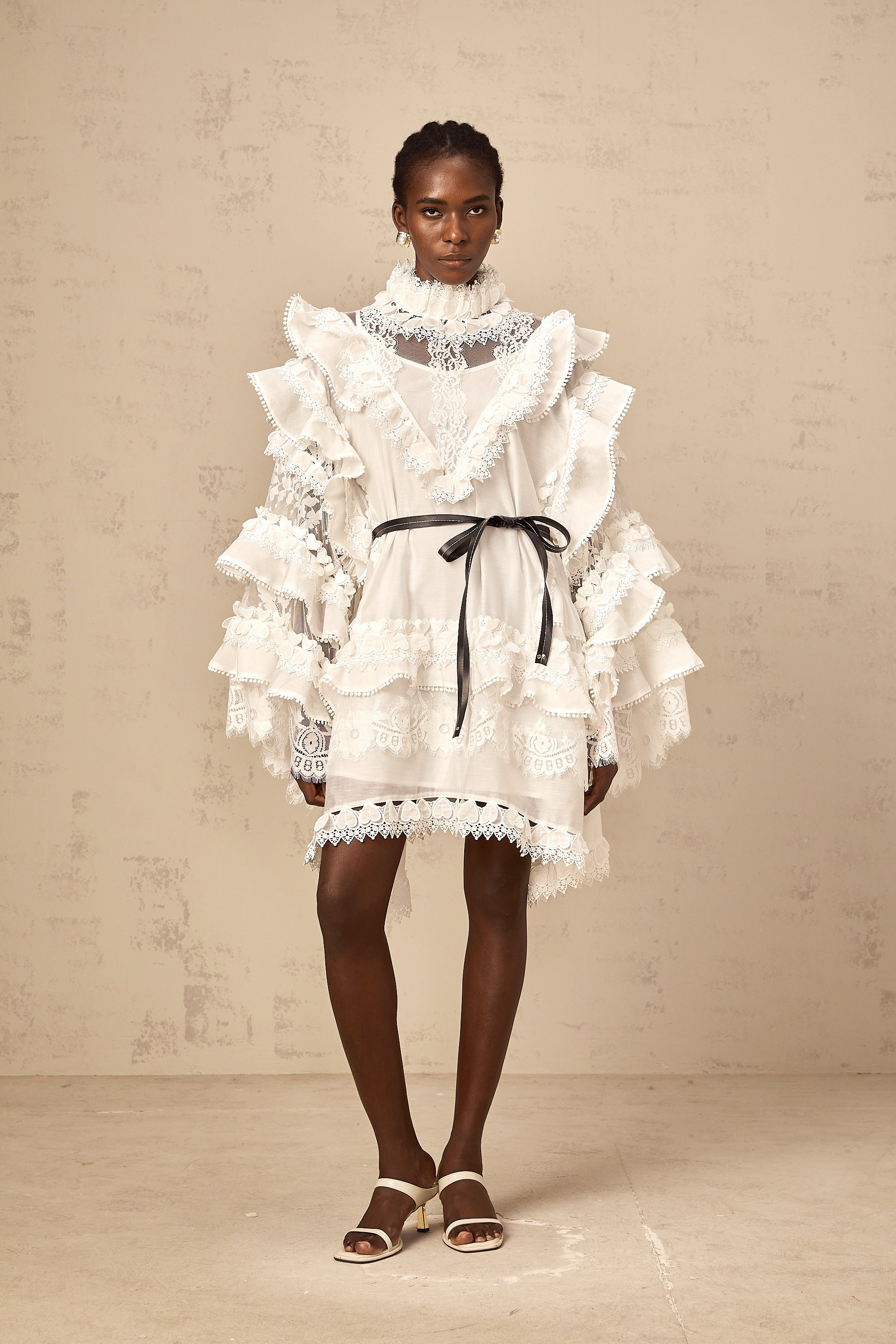 Mylène white tied layered lace mini dress