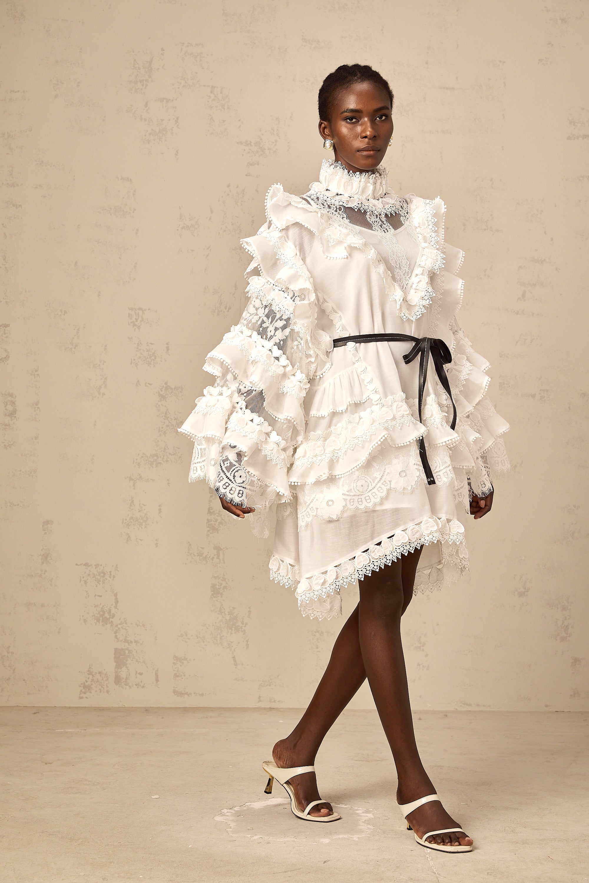 Mylène white tied layered lace mini dress