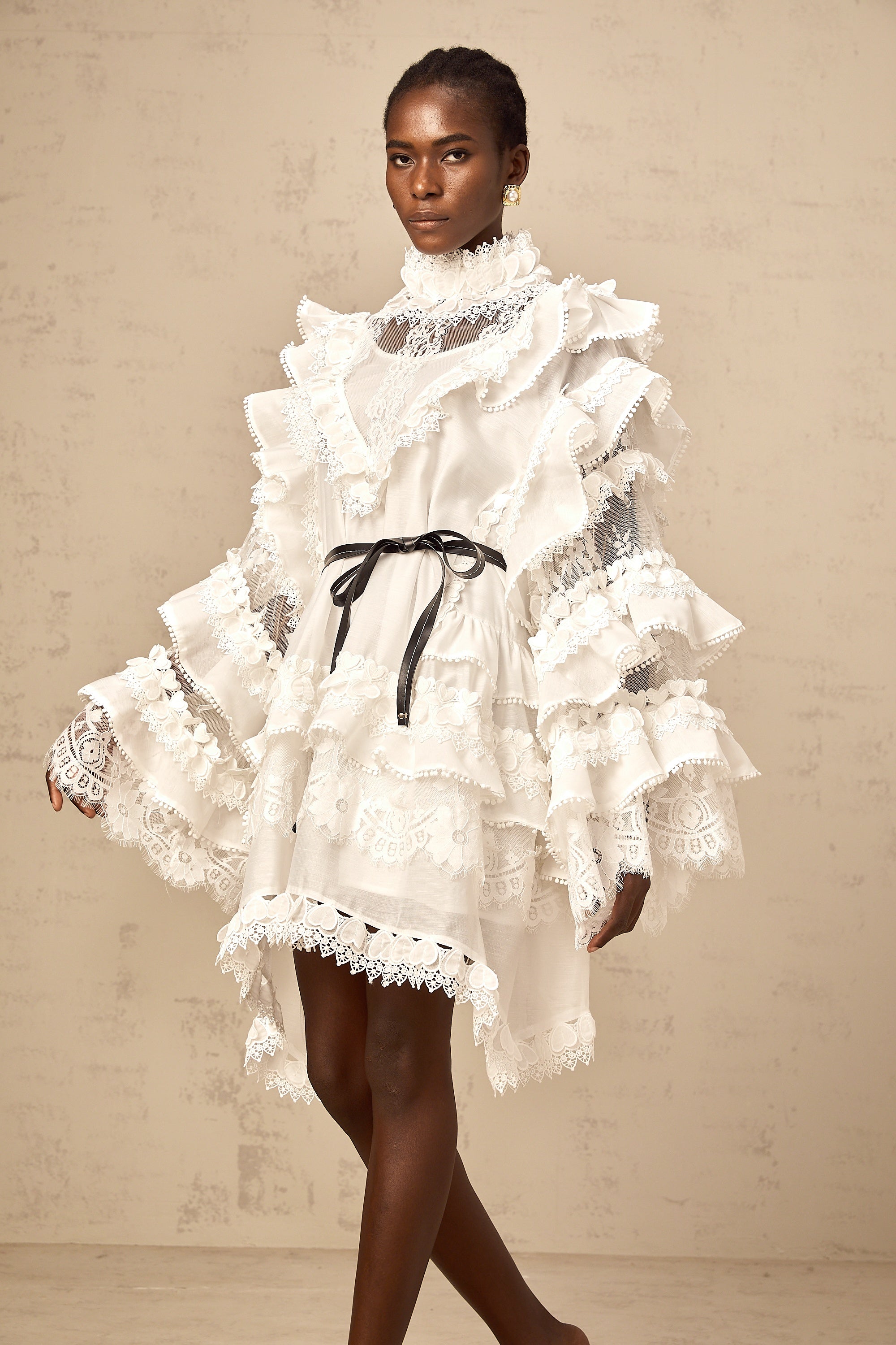 Mylène white tied layered lace mini dress