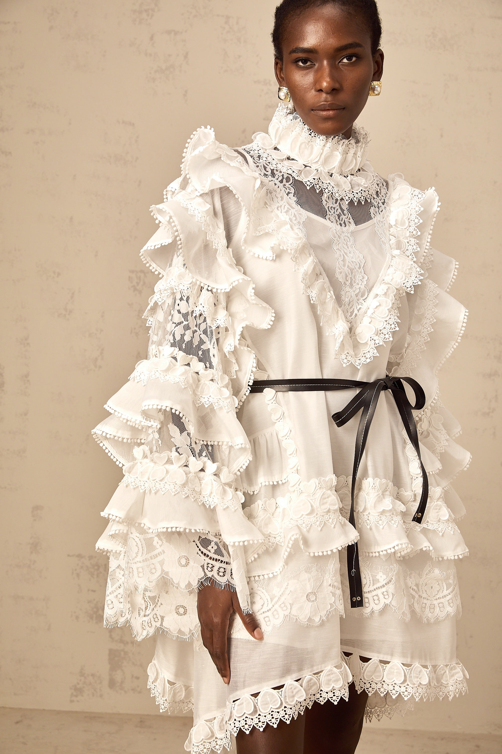 Mylène white tied layered lace mini dress