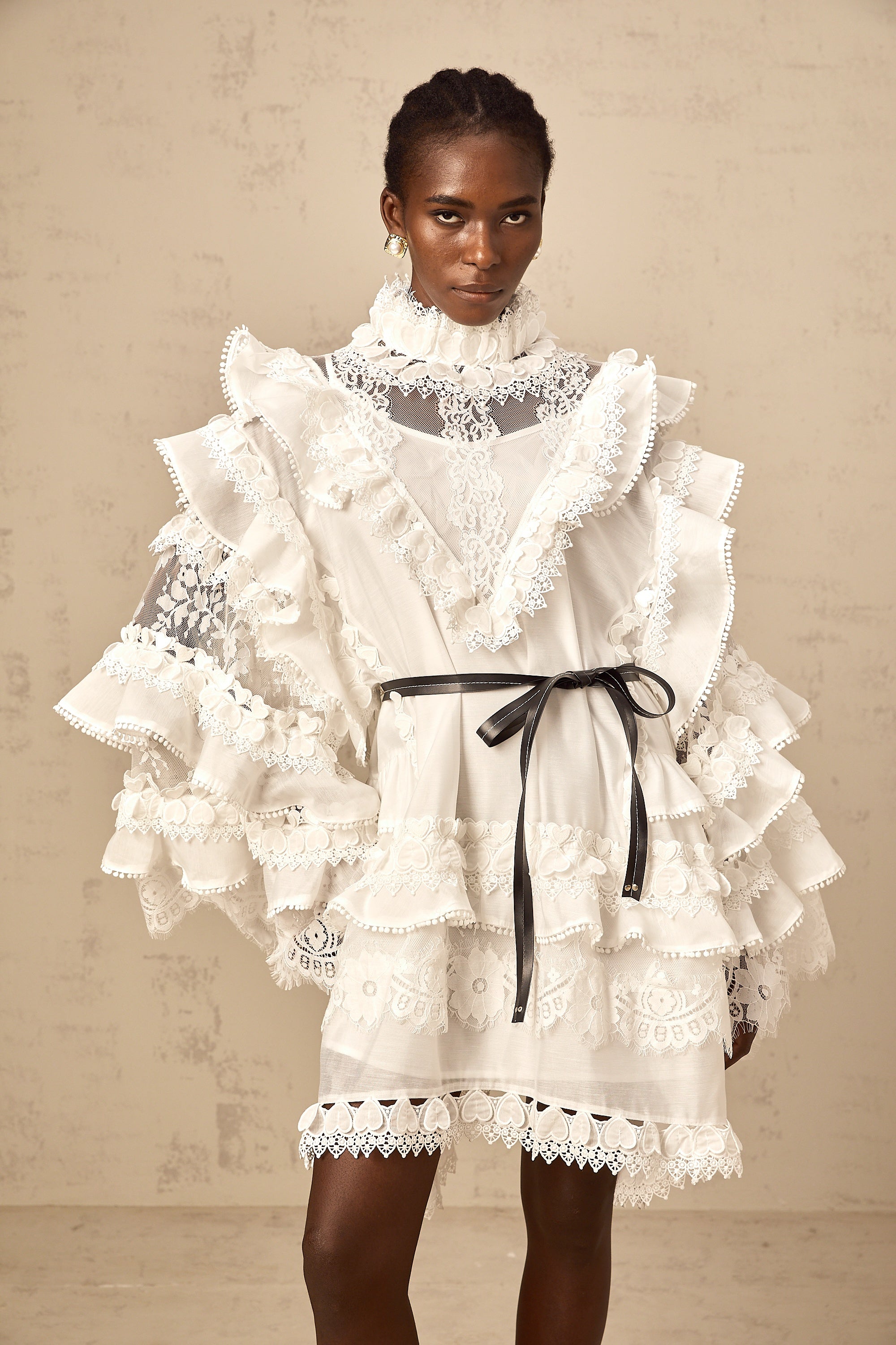 Mylène white tied layered lace mini dress