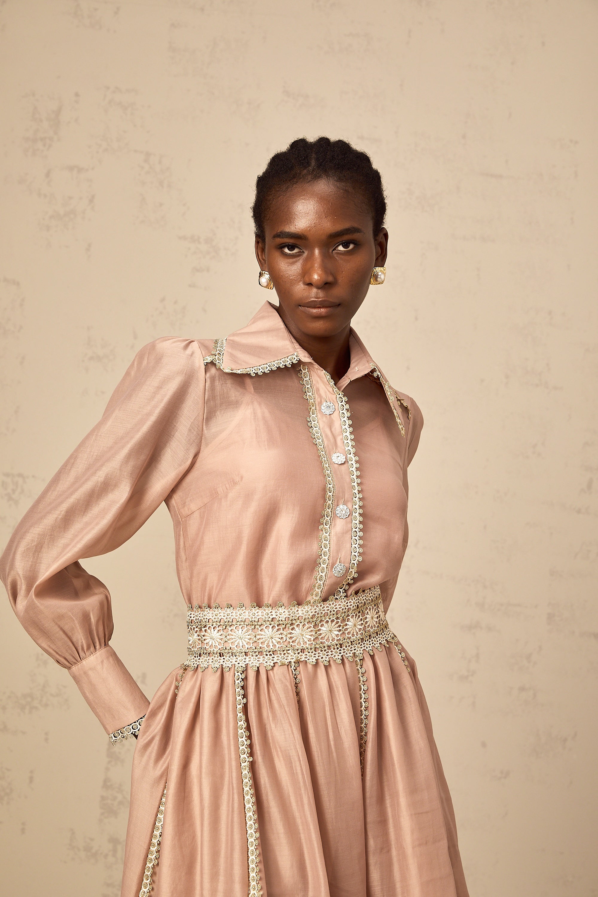 Zazie salmon-pink lace-trim shirt & skirt matching set