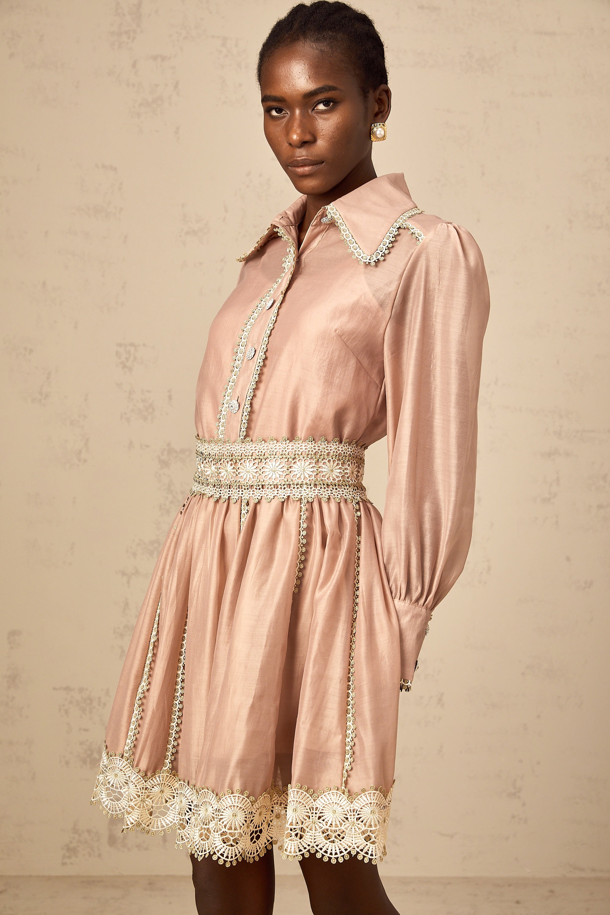 Zazie salmon-pink lace-trim shirt & skirt matching set