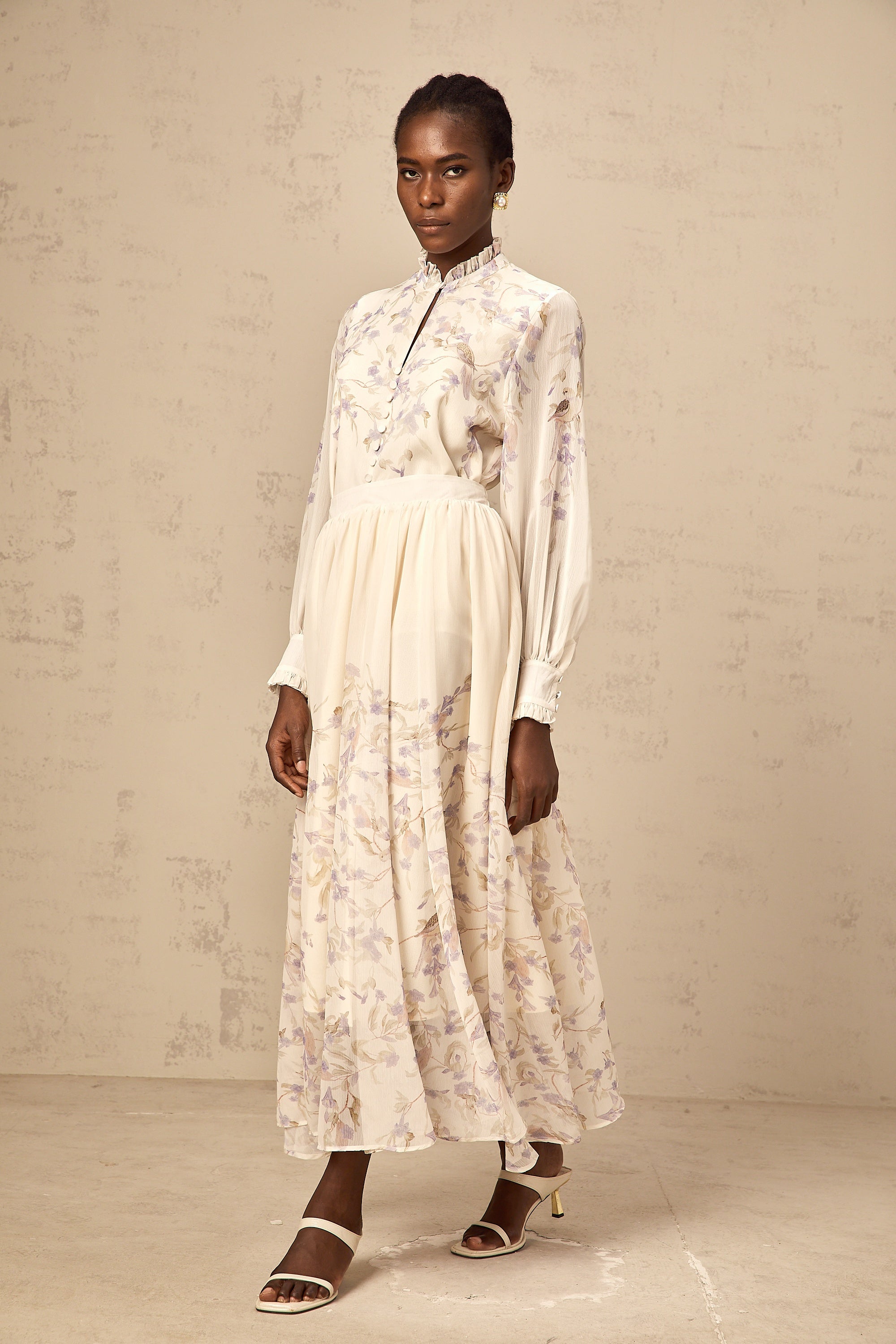 Siena frilled wistaria-print shirt & skirt matching set