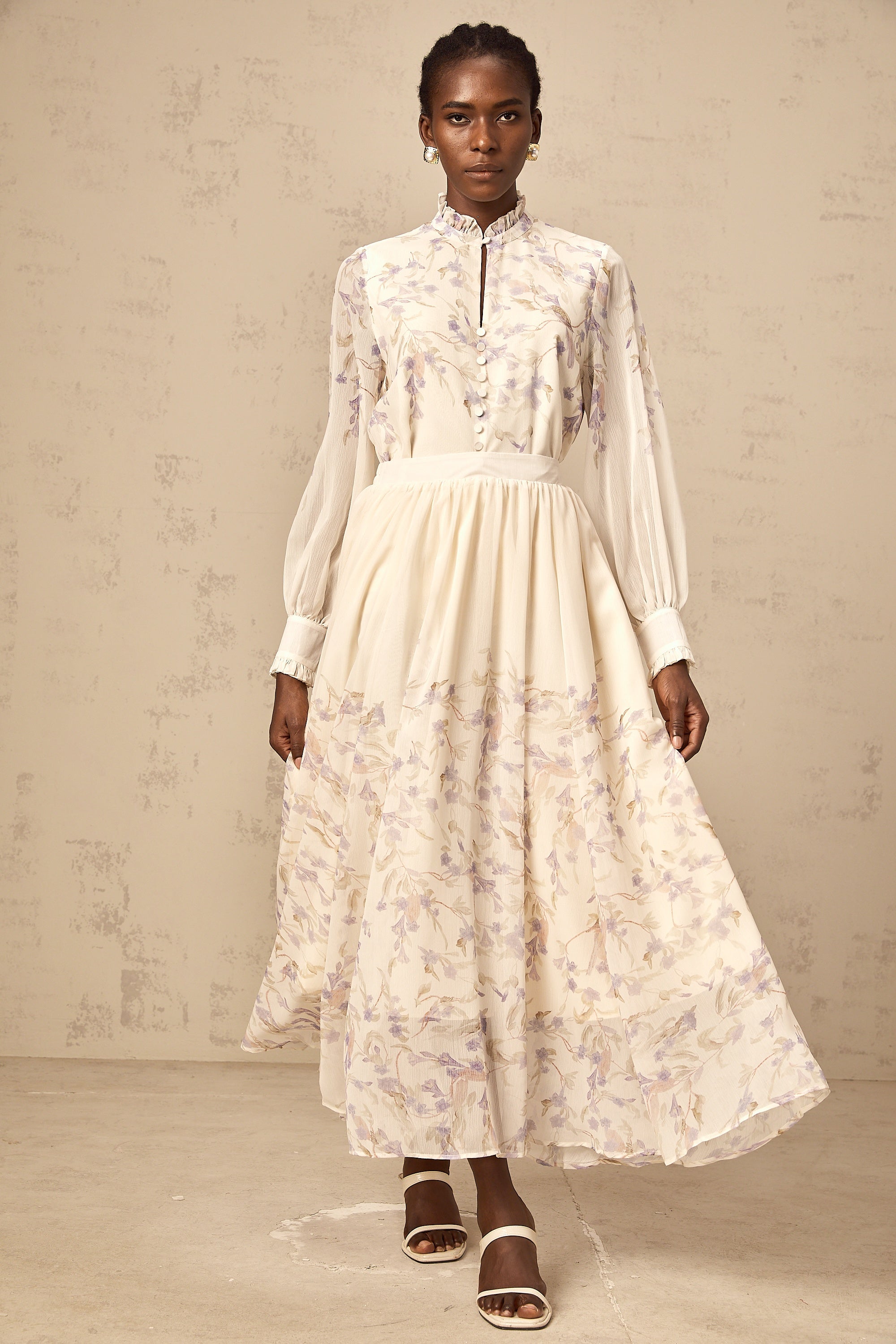 Siena frilled wistaria-print shirt & skirt matching set