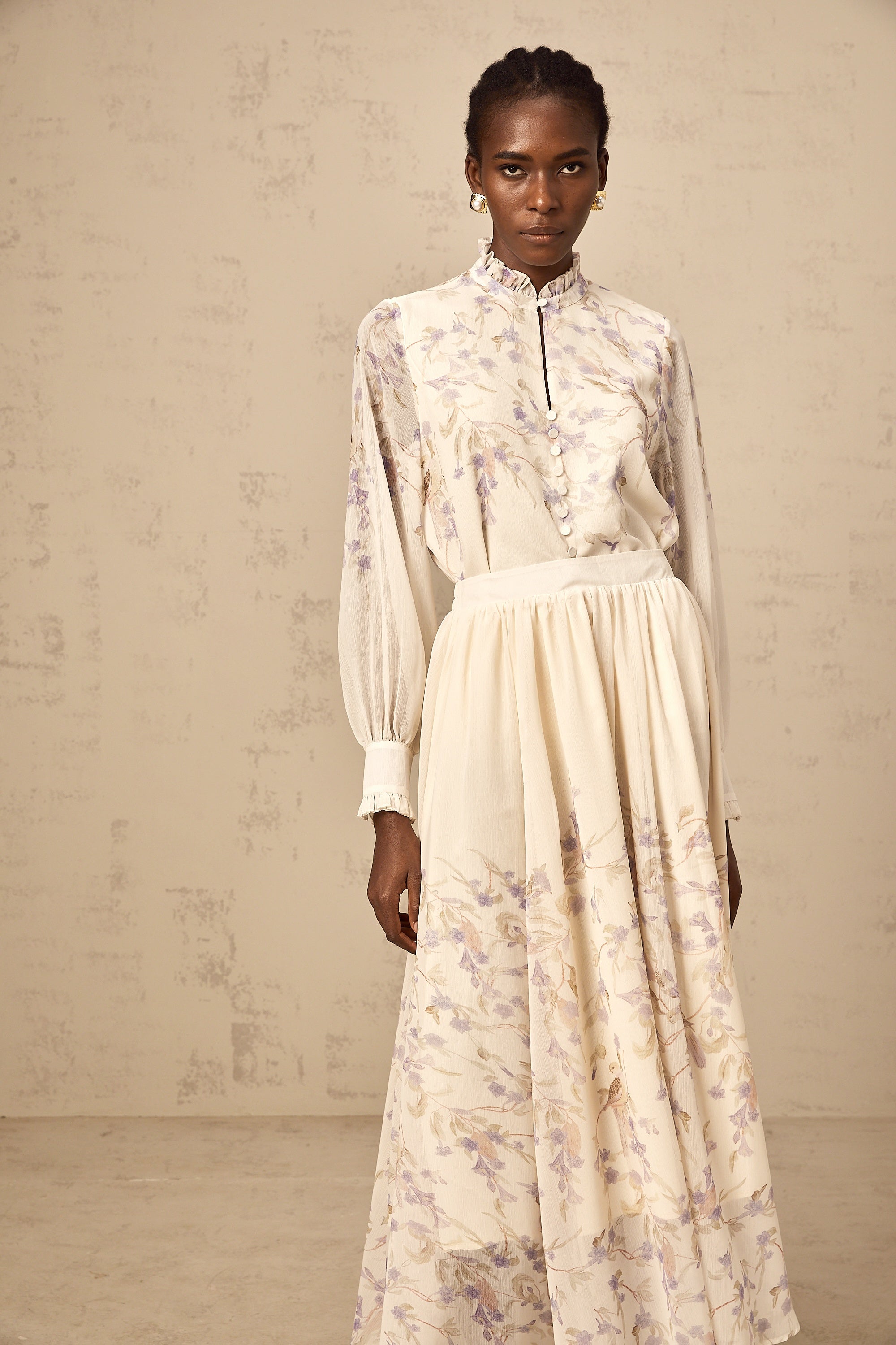 Siena frilled wistaria-print shirt & skirt matching set