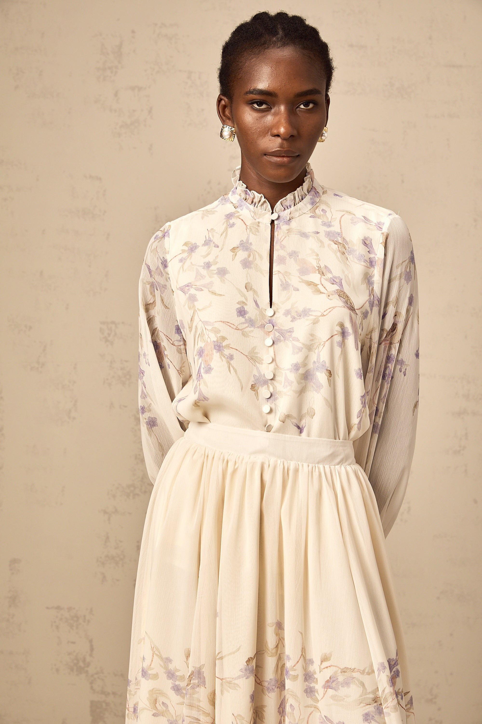 Siena frilled wistaria-print shirt & skirt matching set
