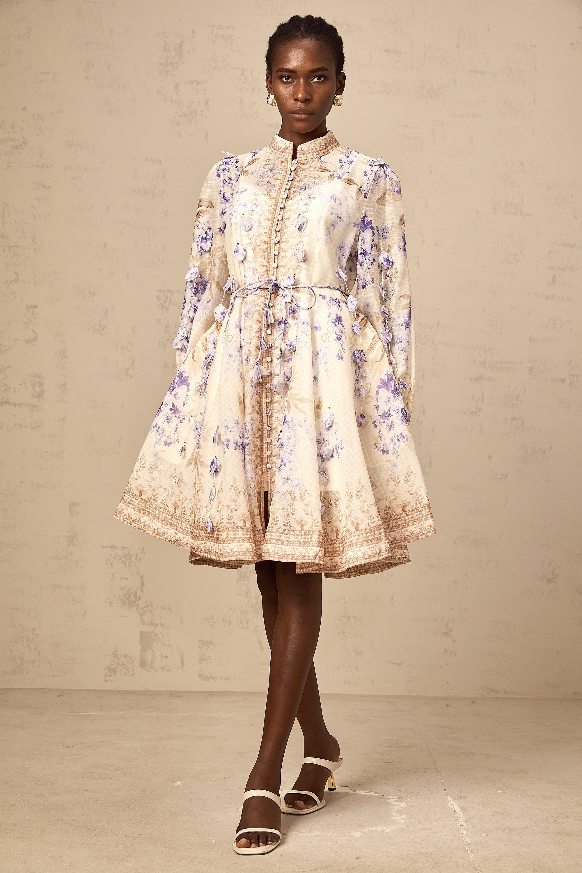 Amélie petal-detail floral-print mini dress in Neutrals