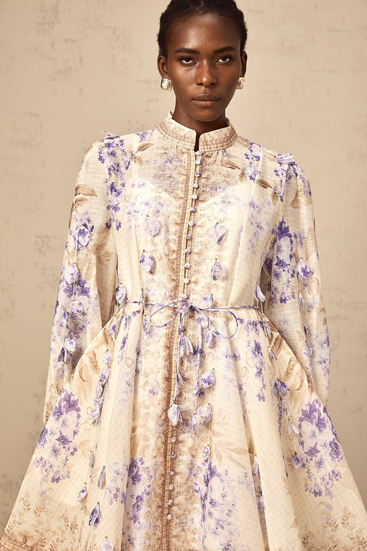Amélie petal-detail floral-print mini dress in Neutrals