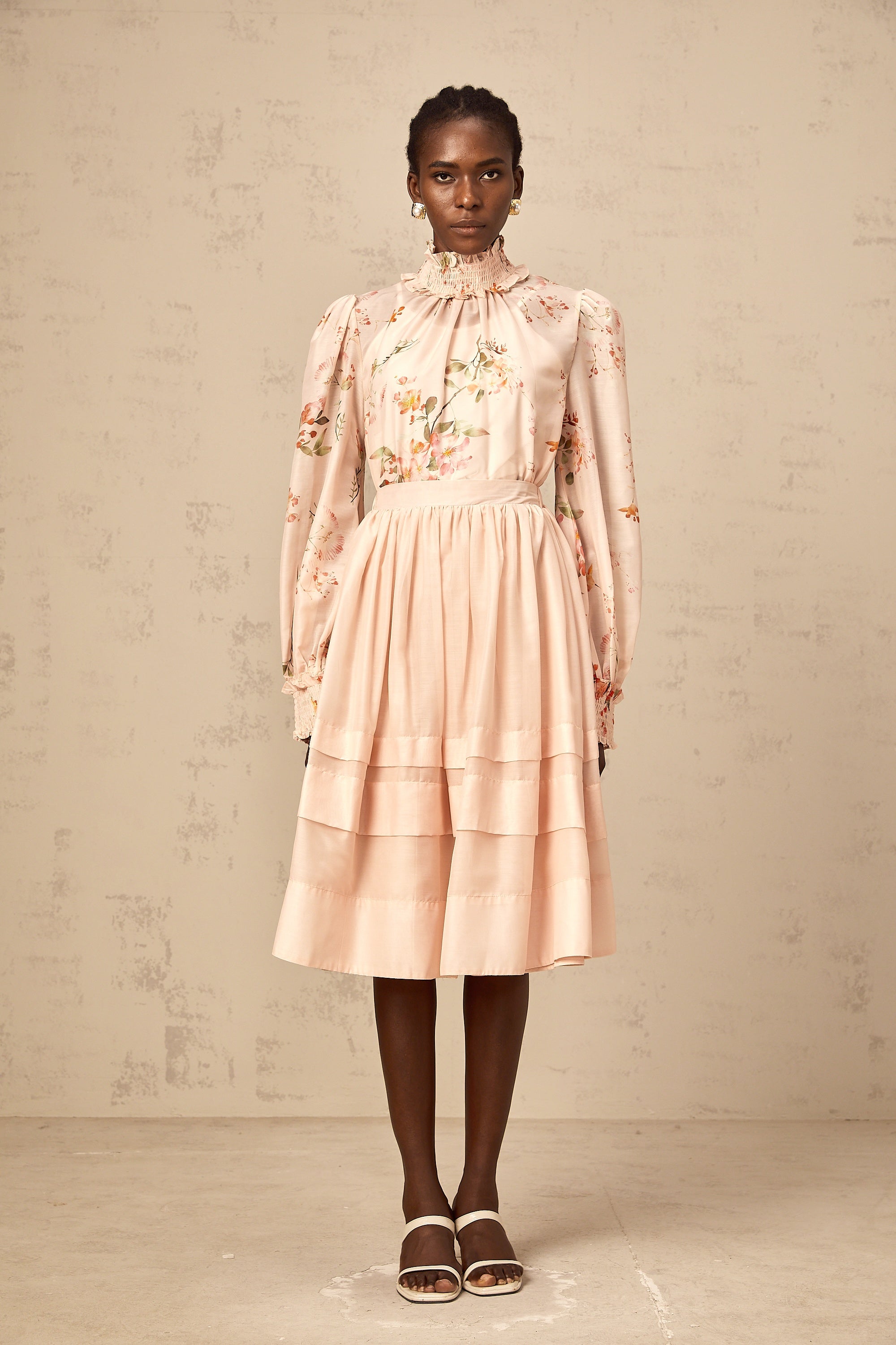 Natacha pink-beige floral-print blouse & skirt matching set