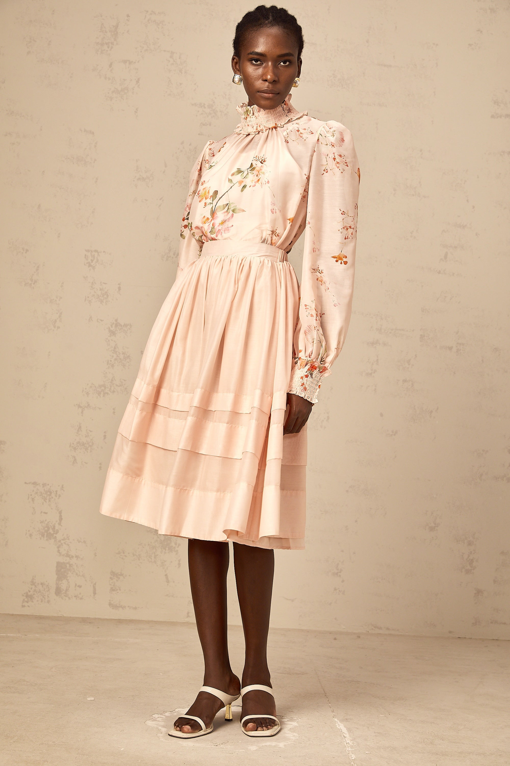 Natacha pink-beige floral-print blouse & skirt matching set
