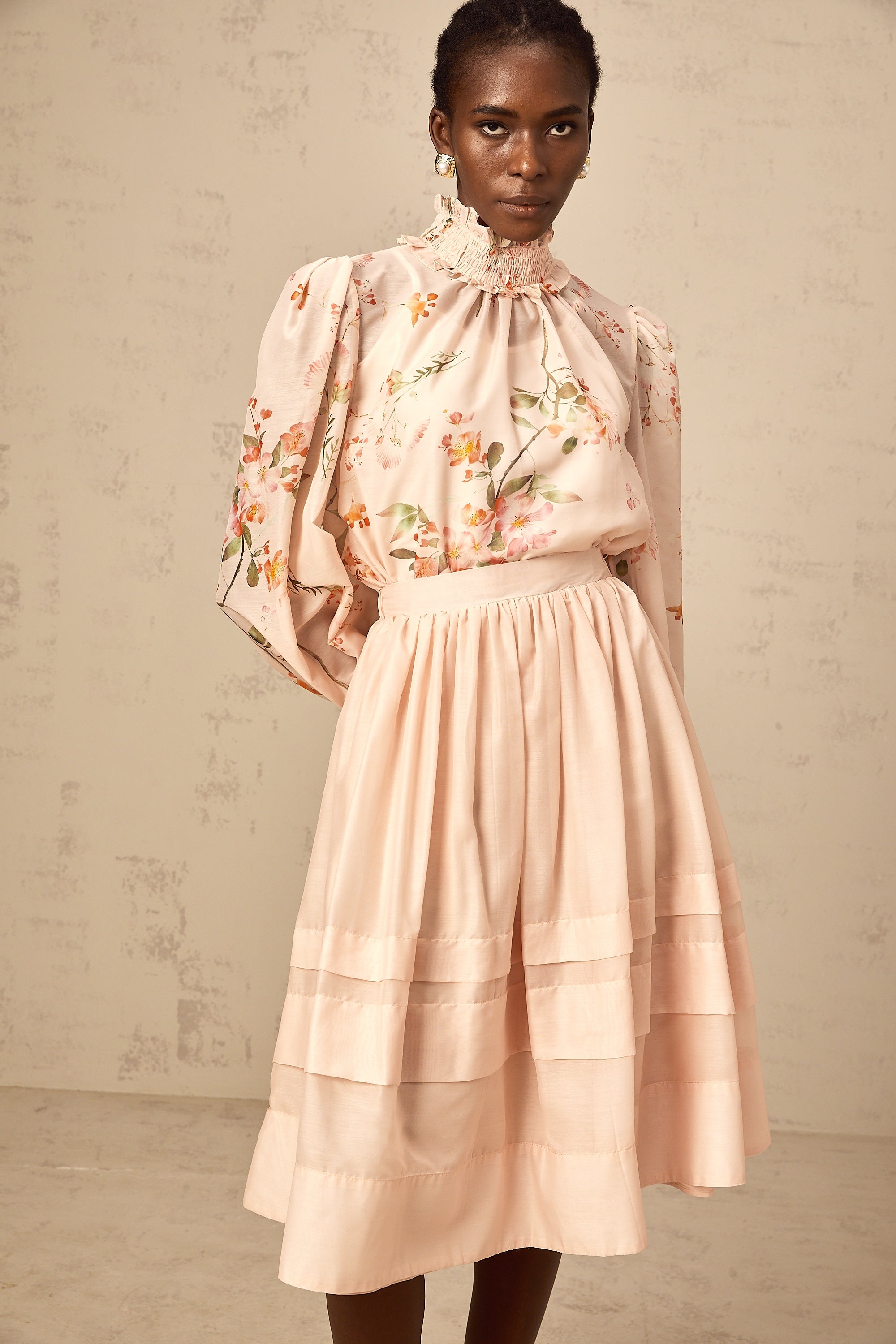 Natacha pink-beige floral-print blouse & skirt matching set