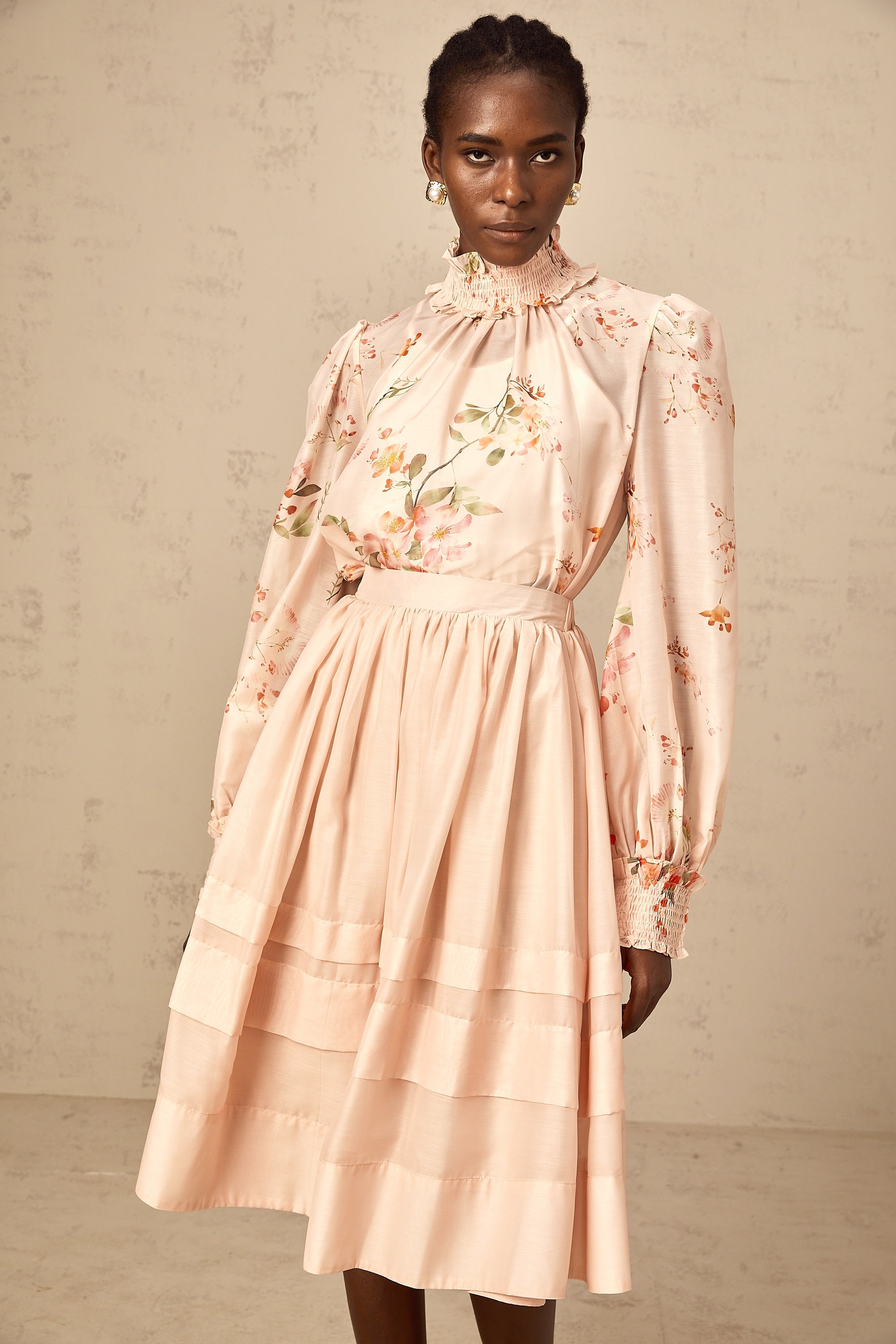 Natacha pink-beige floral-print blouse & skirt matching set