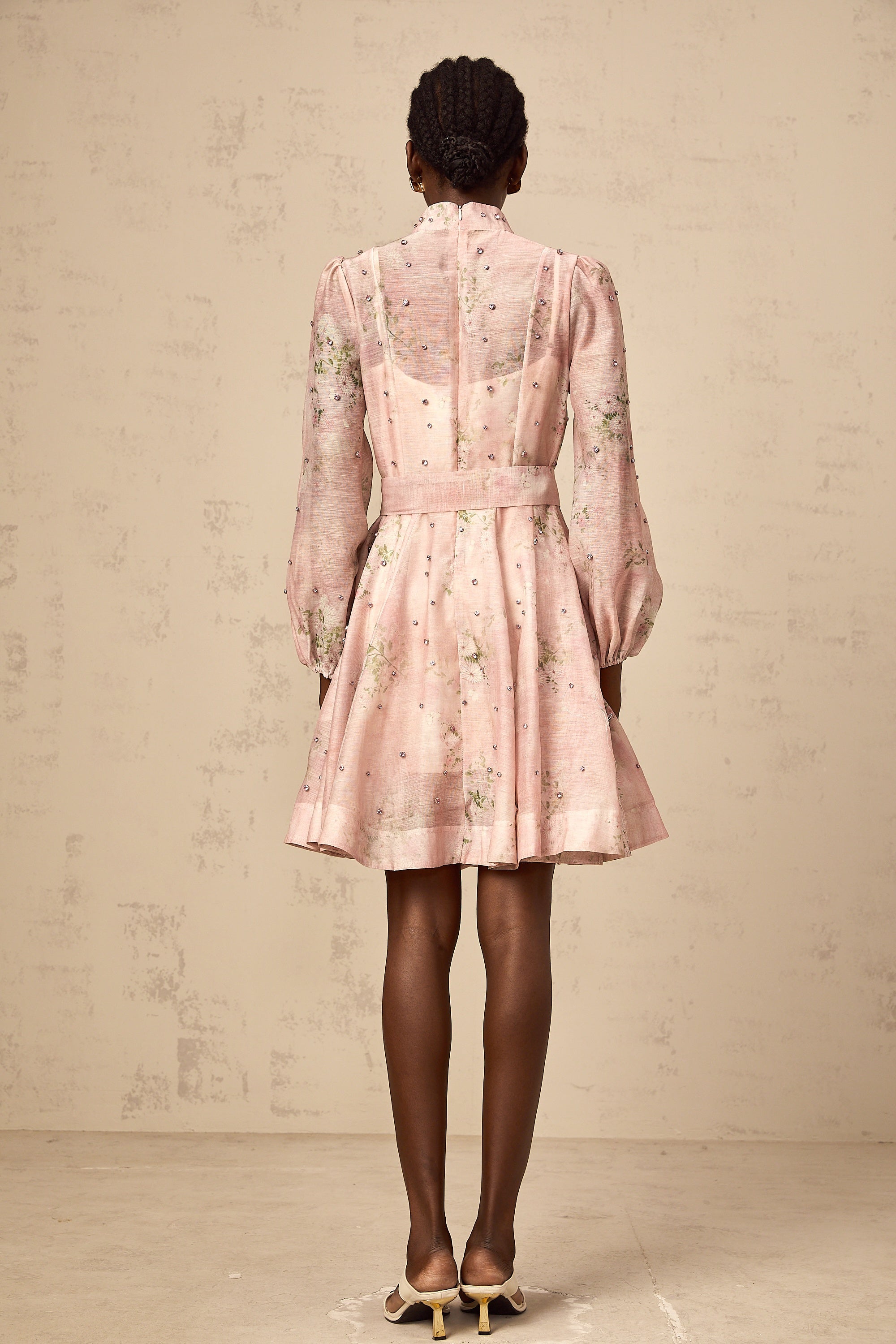 Narcisse pink embellished floral-print mini dress