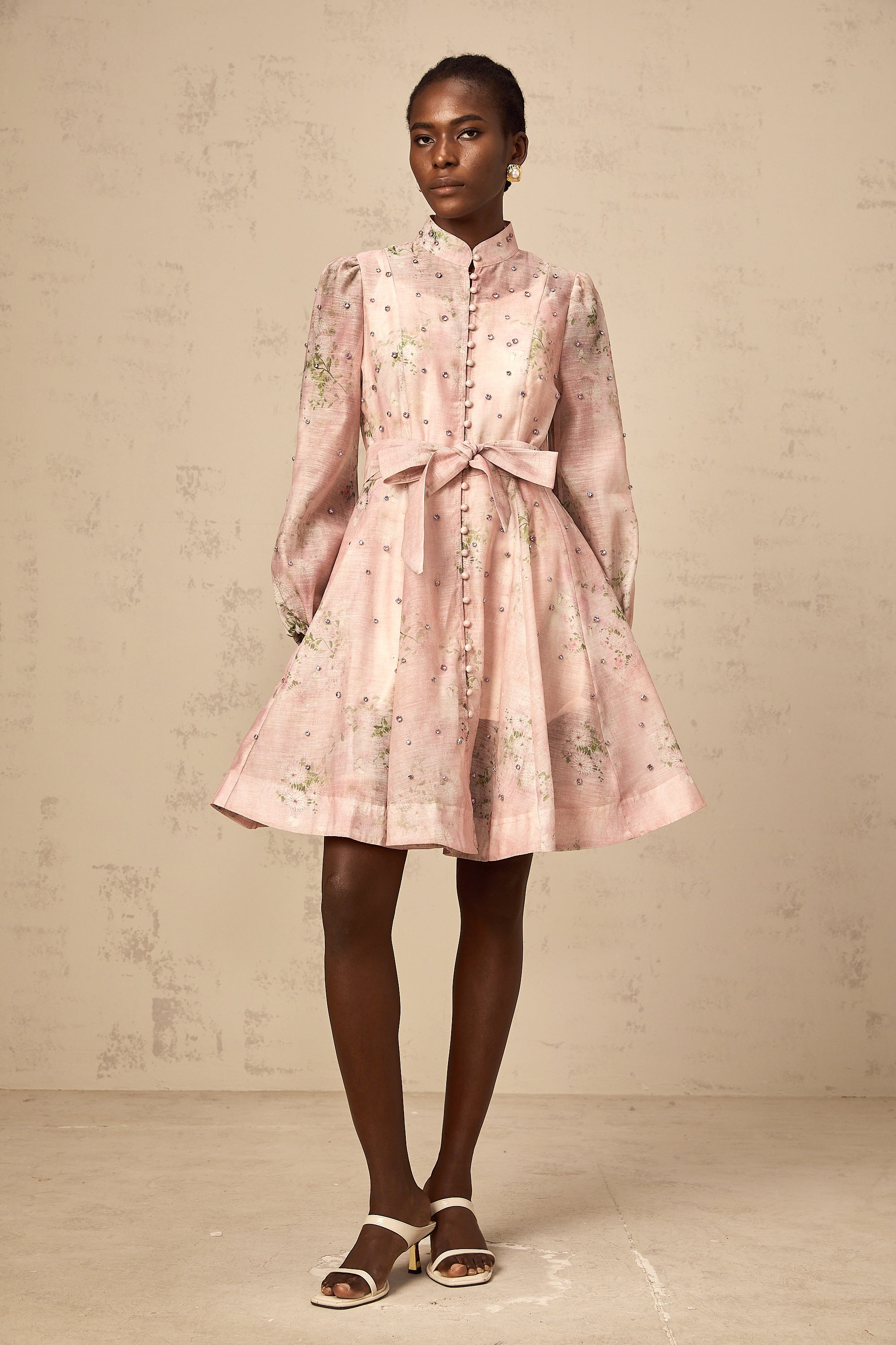 Narcisse pink embellished floral-print mini dress