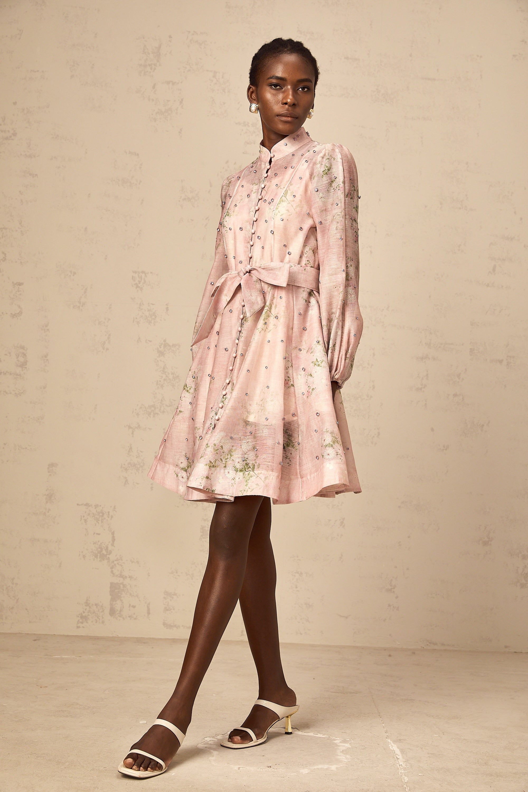 Narcisse pink embellished floral-print mini dress