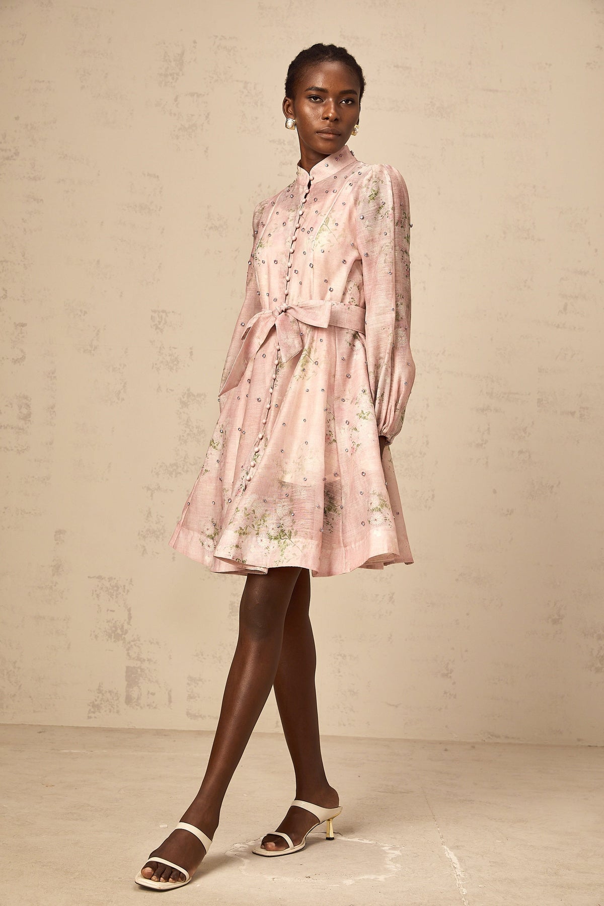 Narcisse pink embellished floral-print mini dress