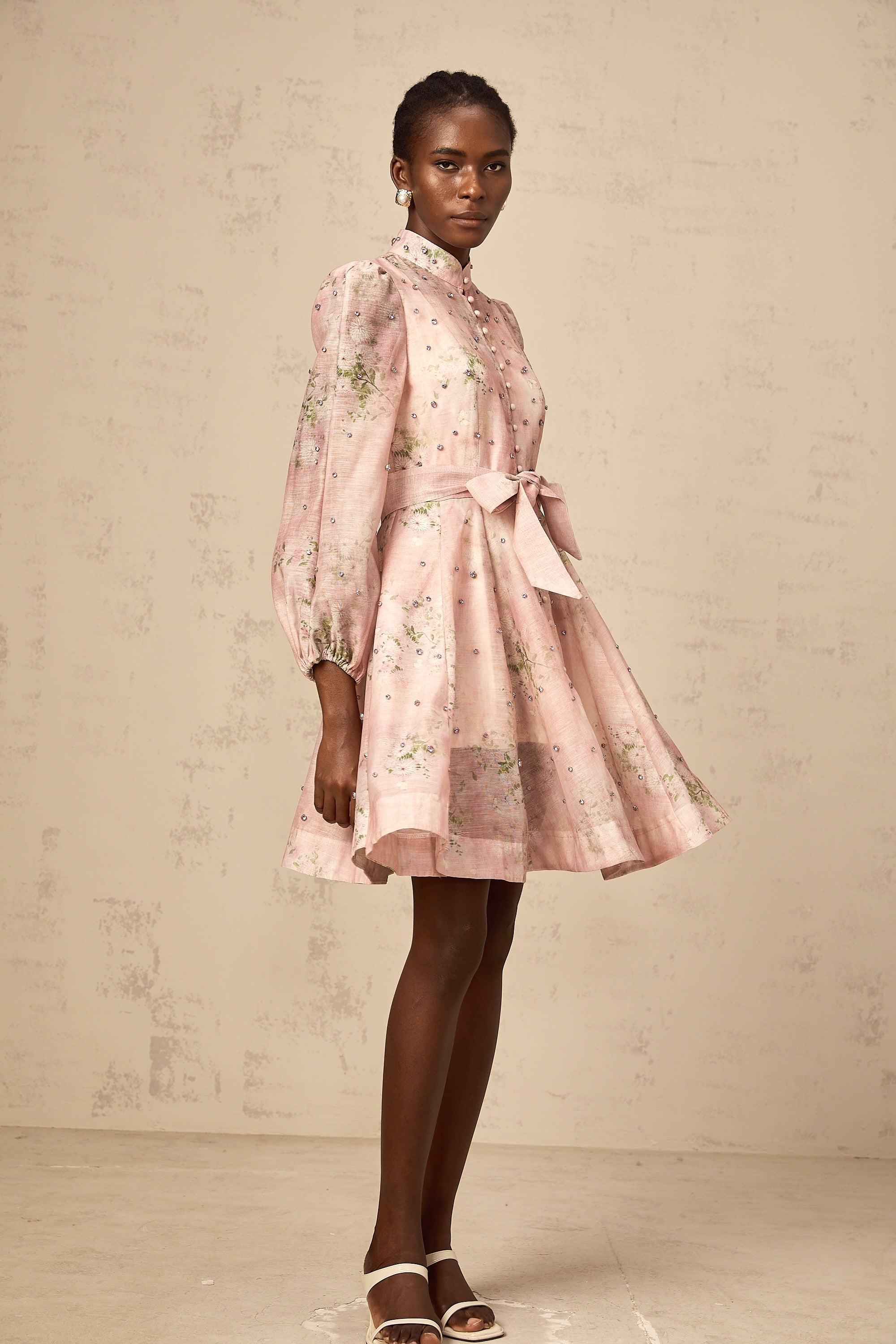 Narcisse pink embellished floral-print mini dress