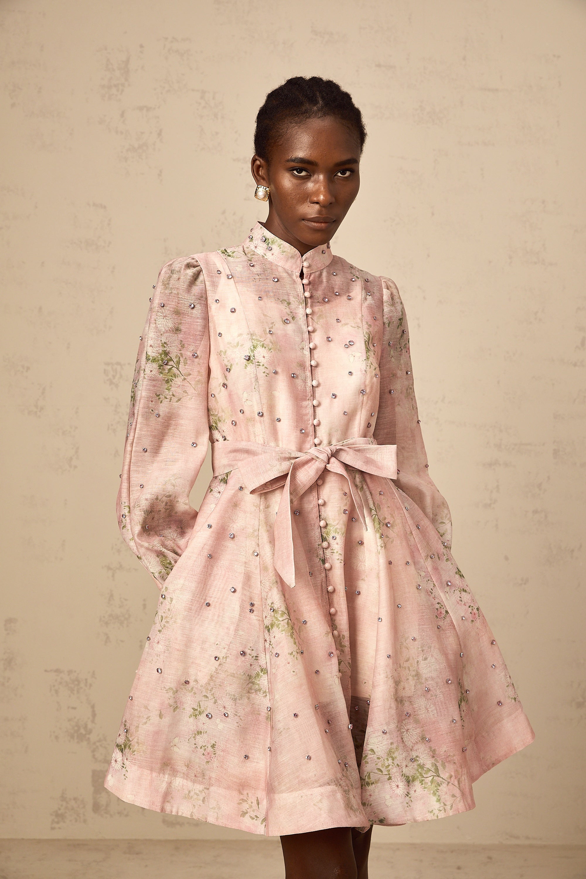 Narcisse pink embellished floral-print mini dress