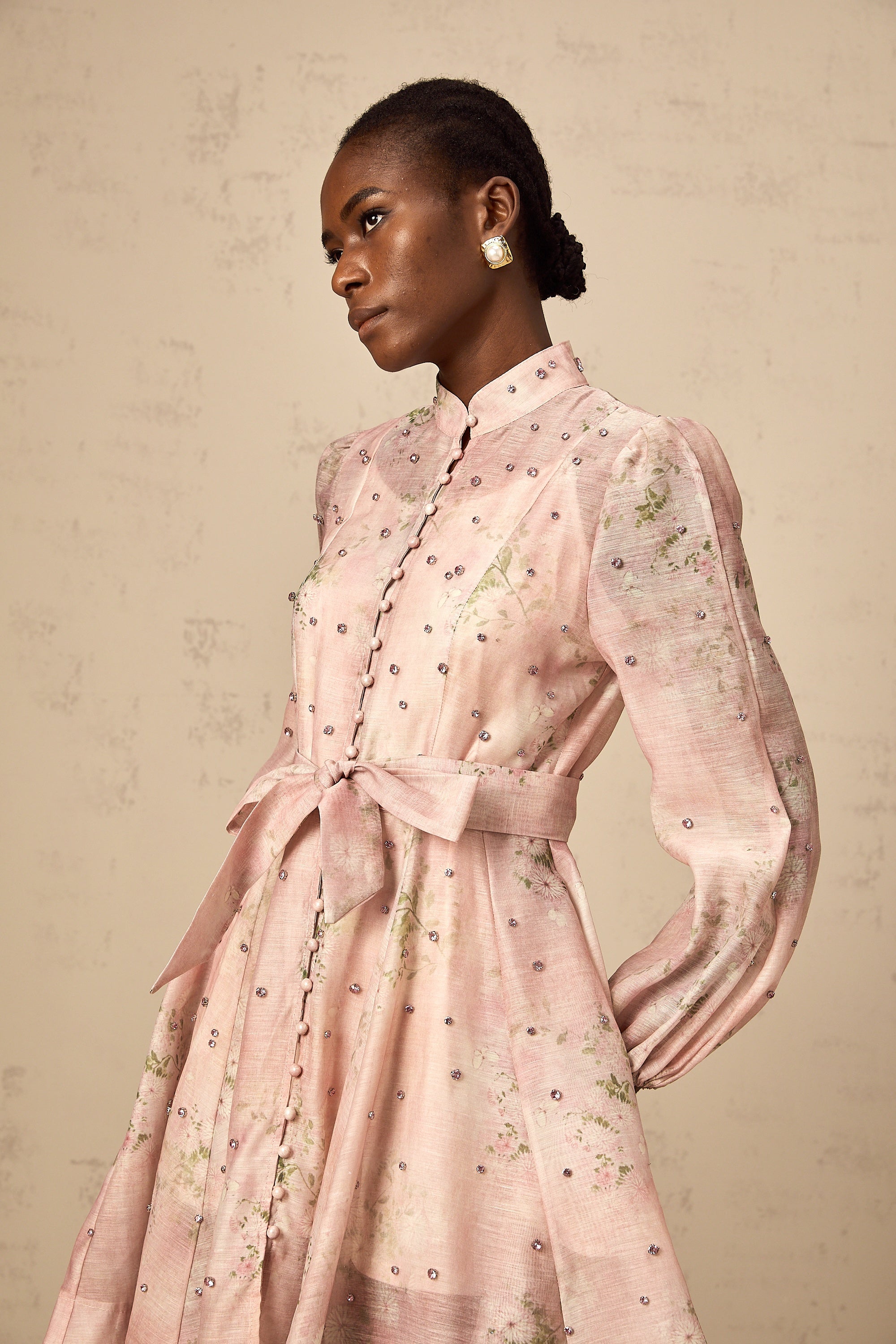 Narcisse pink embellished floral-print mini dress